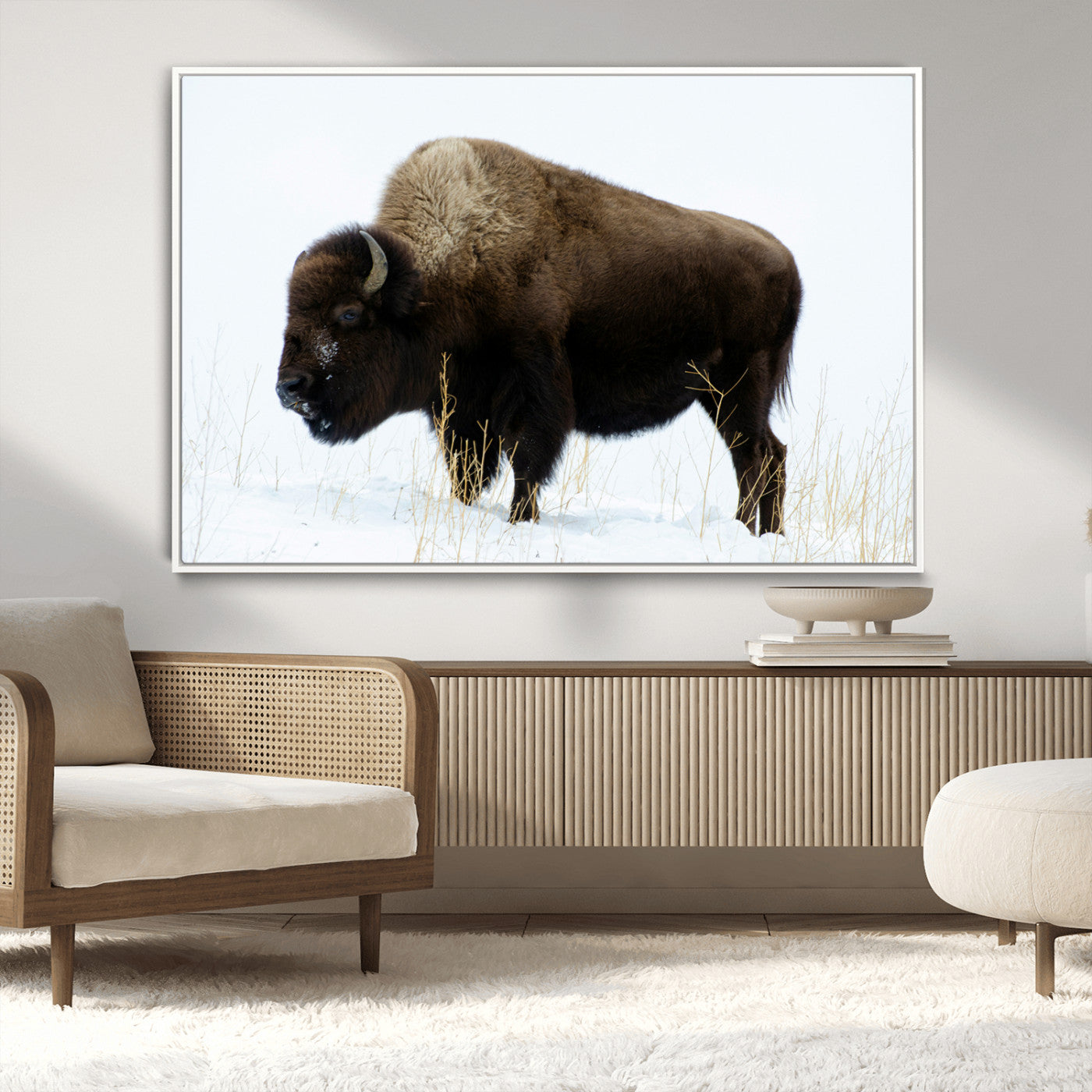 76778120-MGV-CV-36X24-Bison Wall Art Canvas Print – Framed Western Wildlife Buffalo Snow Rustic Nature Scene Artwork for Home Office