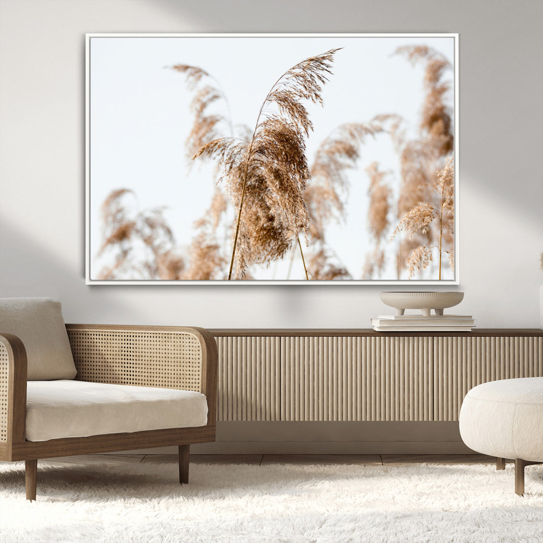 Pampas Grass Wall Art Canvas Print, Framed Neutral Tones, Boho Minimalist Nature Decor