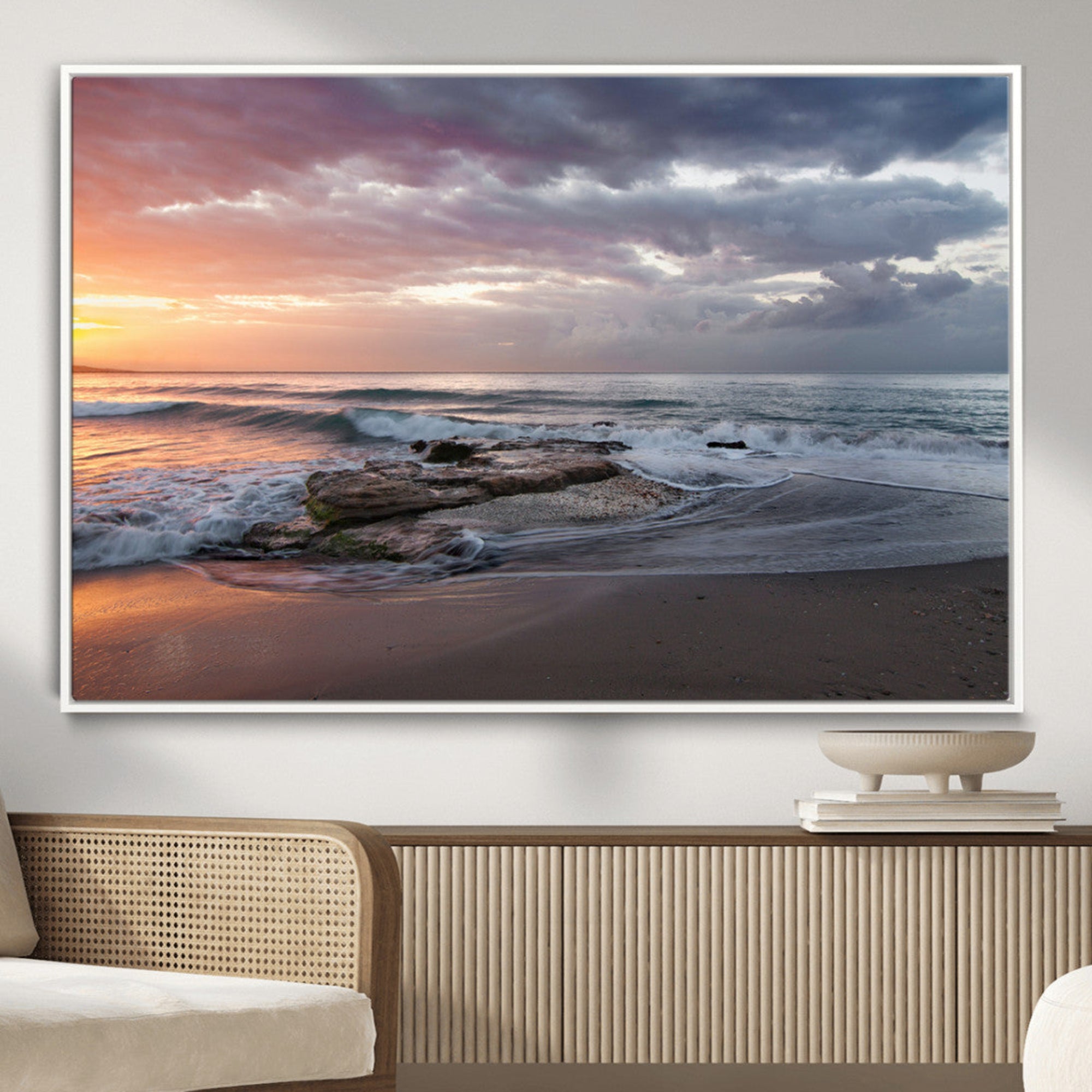 94208089-MGV-CV-36X24-Ocean Sunset Wall Art Canvas Print – Framed Serene Coastal Scene with Waves and Rocky Shore Artwork for Home, Office