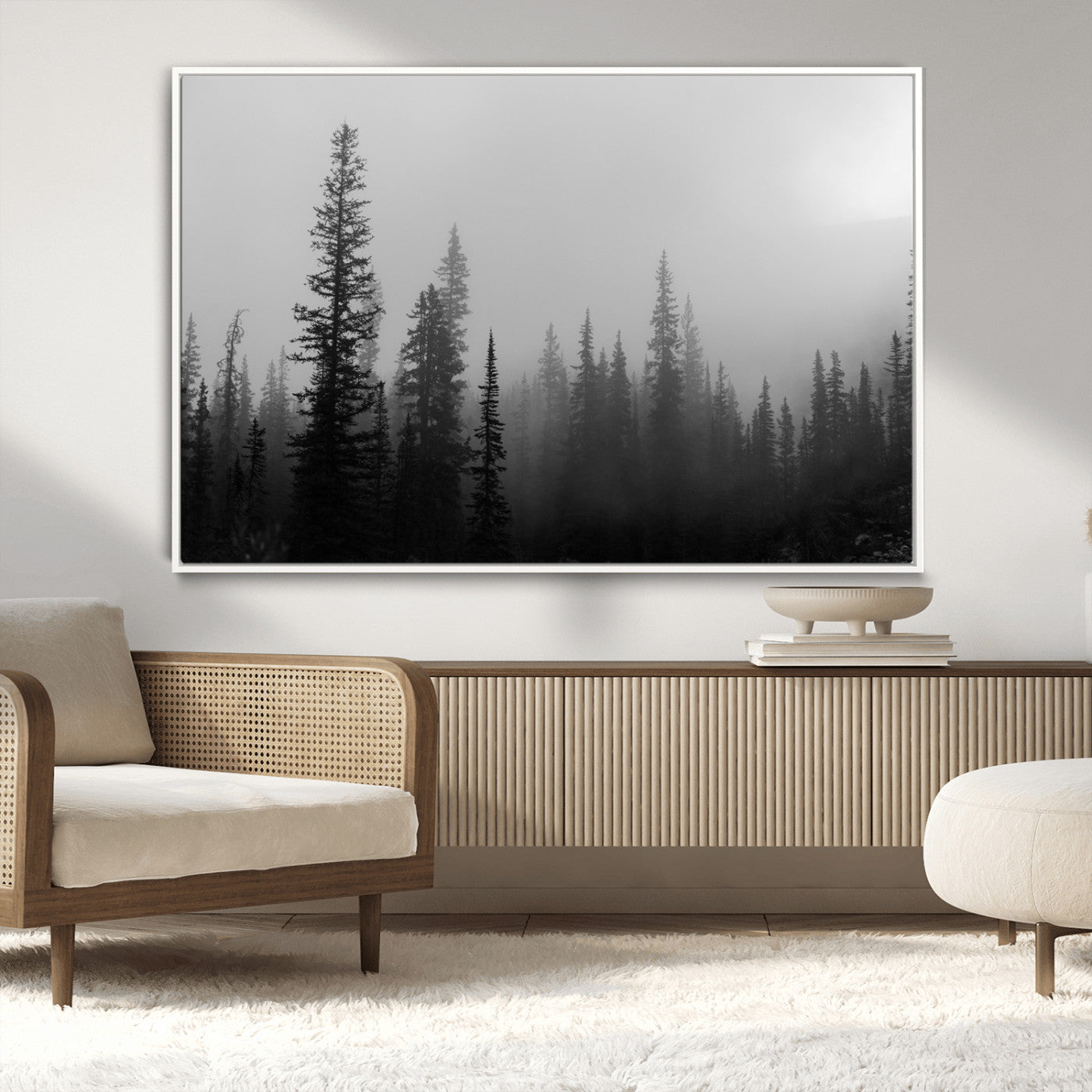 73138900-MGV-CV-36X24-Misty Pines Wall Art Canvas Print – Framed Woodland Minimalist Rustic Nature Scene Photography Artwork for Home Office