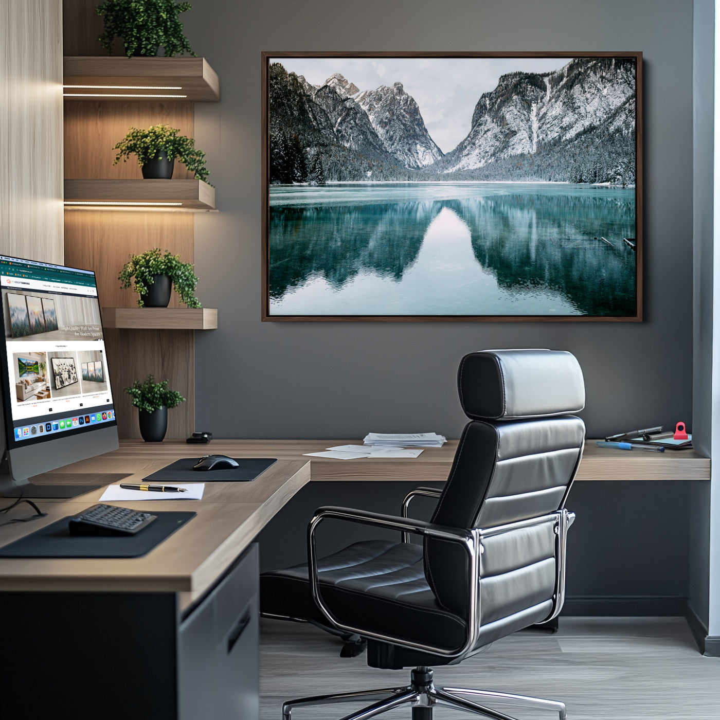 -Mountain Lake Wall Art Canvas Print – Snowy Peaks Winter Wonderland Scene Serene Nature Landscape Artwork for Home Office