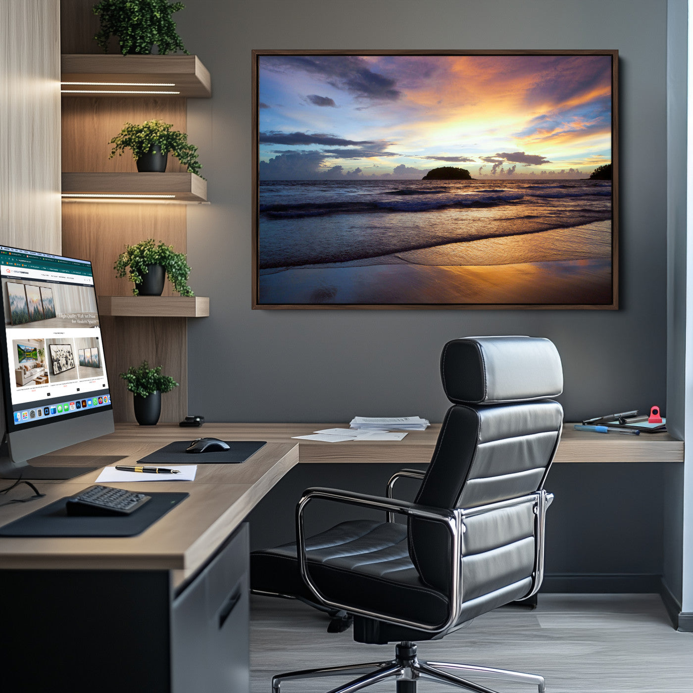 36714356-MGV-CV-36X24-Beach Sunset Wall Art Canvas Print – Tropical Ocean Waves Golden Sky Serene Seascape Nature Artwork for Home Office