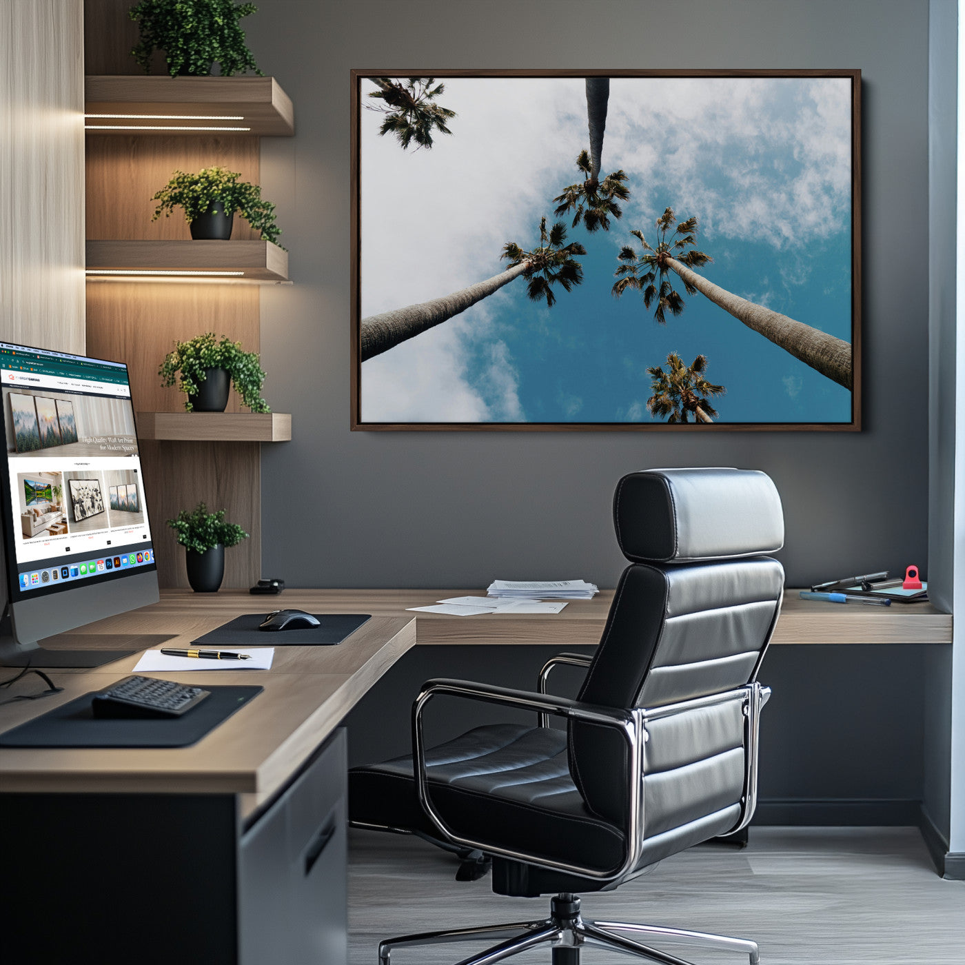 45236398-MGV-CV-36X24-Tropical Palm Trees Wall Art Canvas Print – Framed California Sky Minimalist Nature Scene Artwork for Home Office