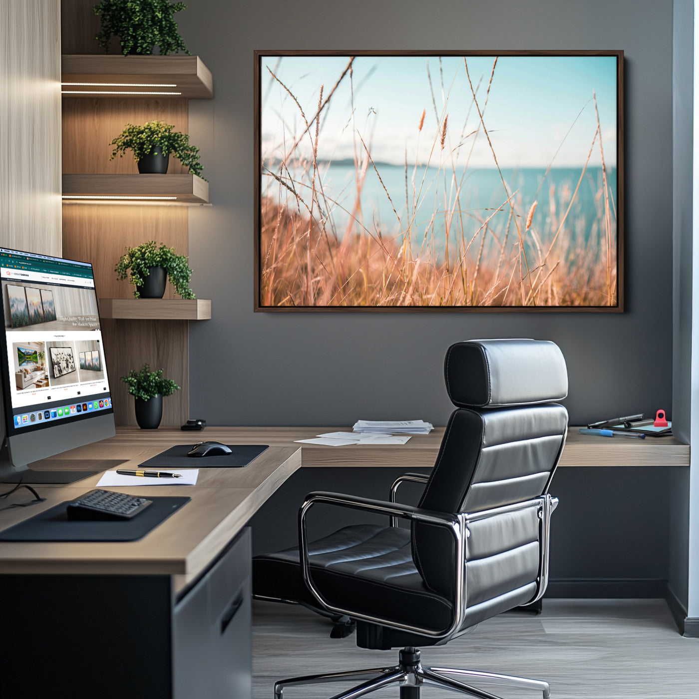 36108696-MGV-CV-36X24-Coastal Grass Landscape Wall Art Canvas Print – Golden Shoreline Nature Scene Serene Ocean View Artwork for Home Office