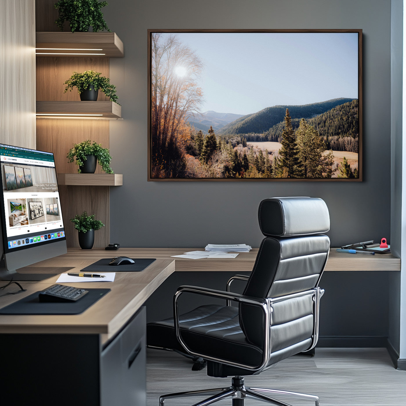 -Rustic Landscape Wall Art Canvas Print – Serene Valley Scene Pine Tree Horizon Nature Artwork for Home Office
