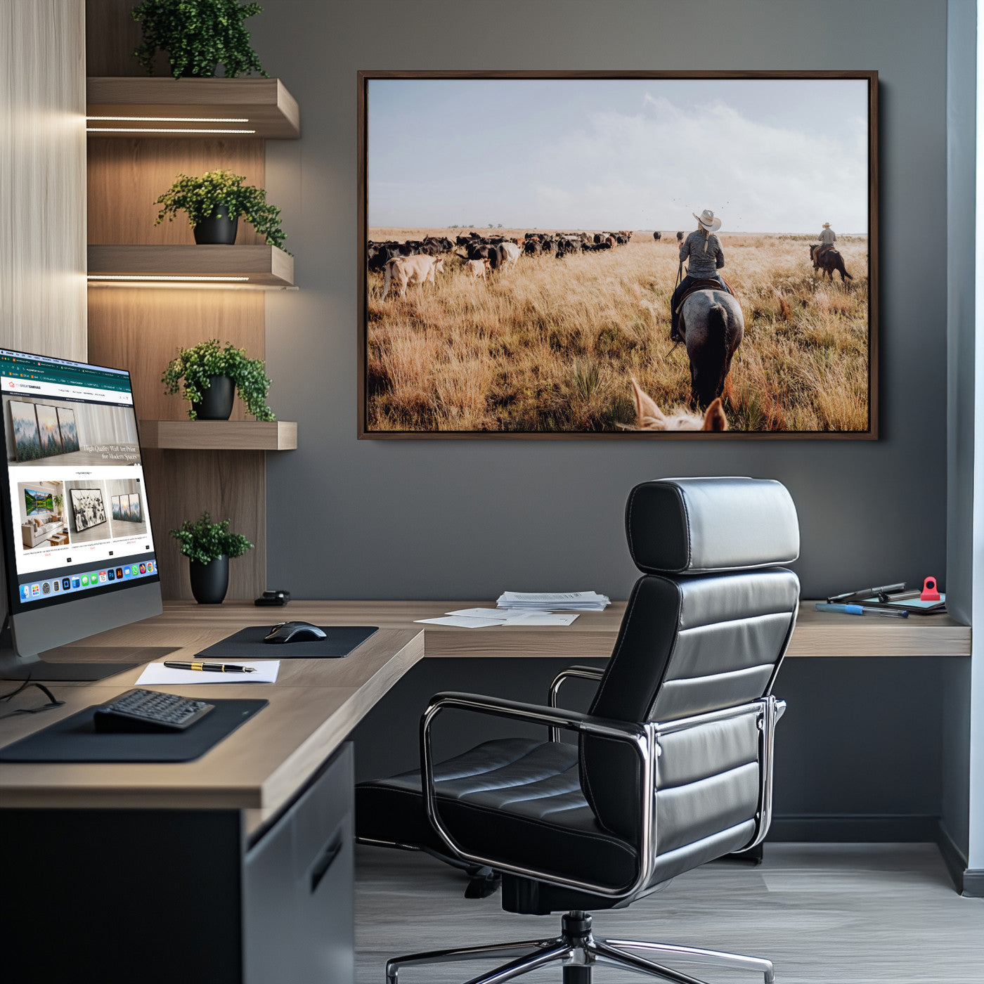 -Western Wall Art Canvas Print – Framed Cowboy Cattle Drive Scene Rustic Ranch Landscape Artwork for Home Office