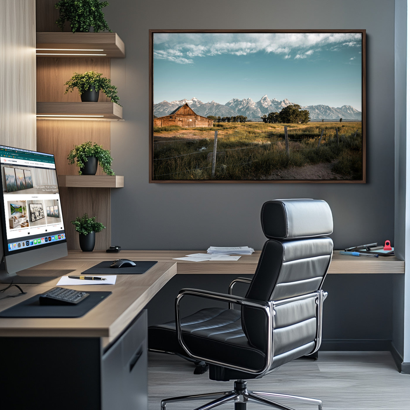 -Rustic Farmhouse Wall Art Canvas Print – Framed Mountain Cabin Western Landscape Scene Artwork for Home Office