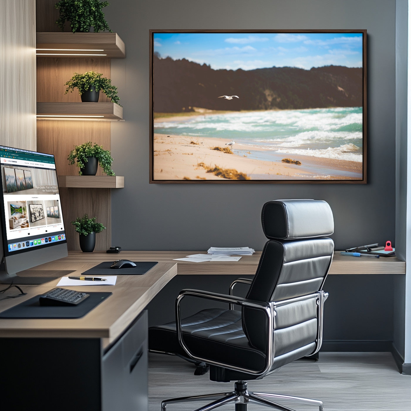 -Tranquil Beach Scene Wall Art Canvas Print – Framed Blue Ocean Waves Sandy Shore Coastal Nature Artwork for Home Office