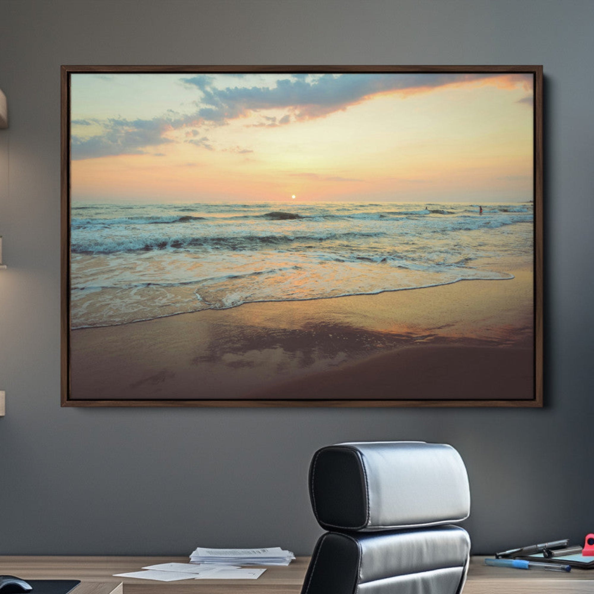 15261505-MGV-CV-36X24-Sunset Seascape Wall Art Canvas Print – Framed Pastel Ocean View Tranquil Beach Scene Nature Artwork for Home Office