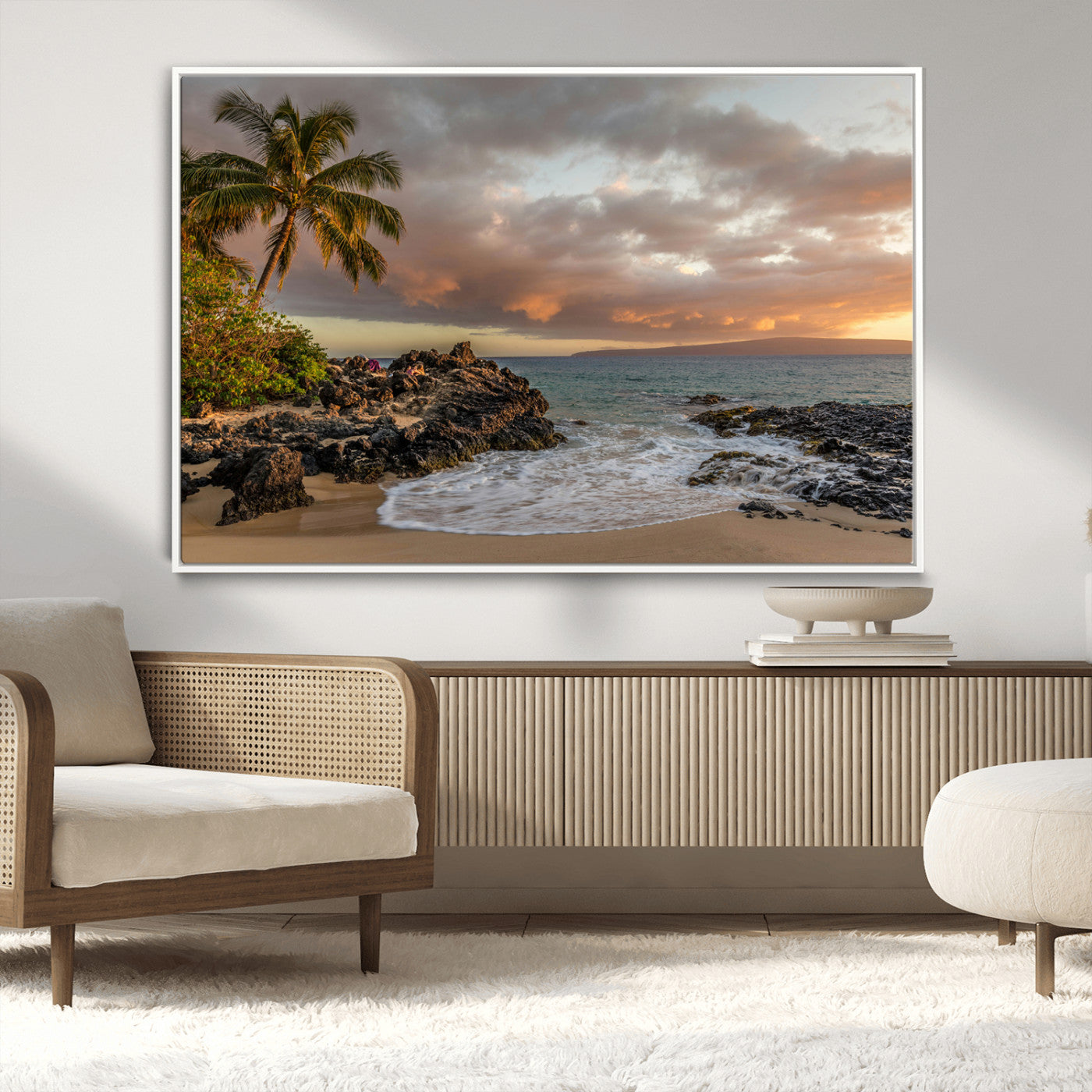 Golden sunset over a tropical beach with palm trees, rocky shoreline, and gentle ocean waves, perfect for coastal and island-inspired decor.