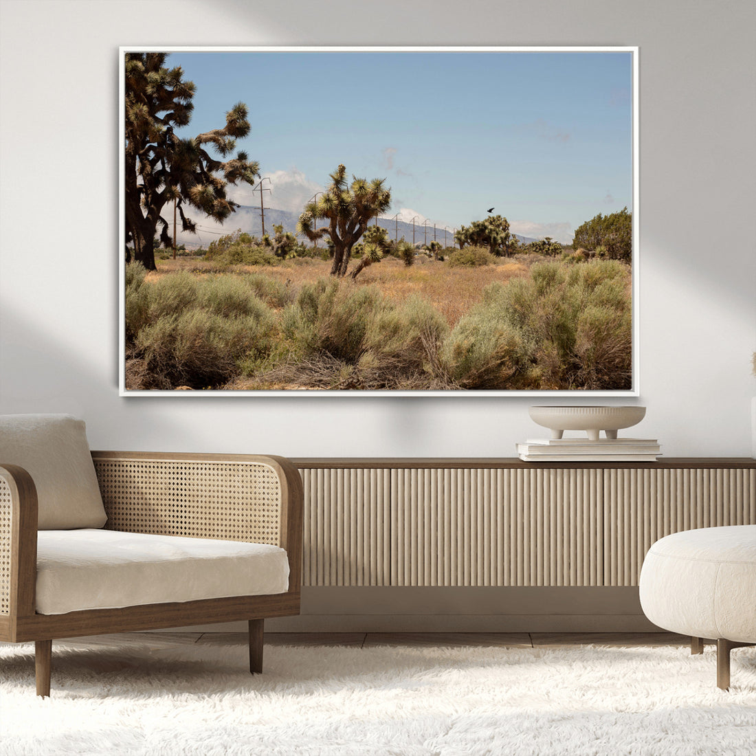Joshua Tree Wall Art Canvas Print, Framed Desert Landscape with Mountain Horizon