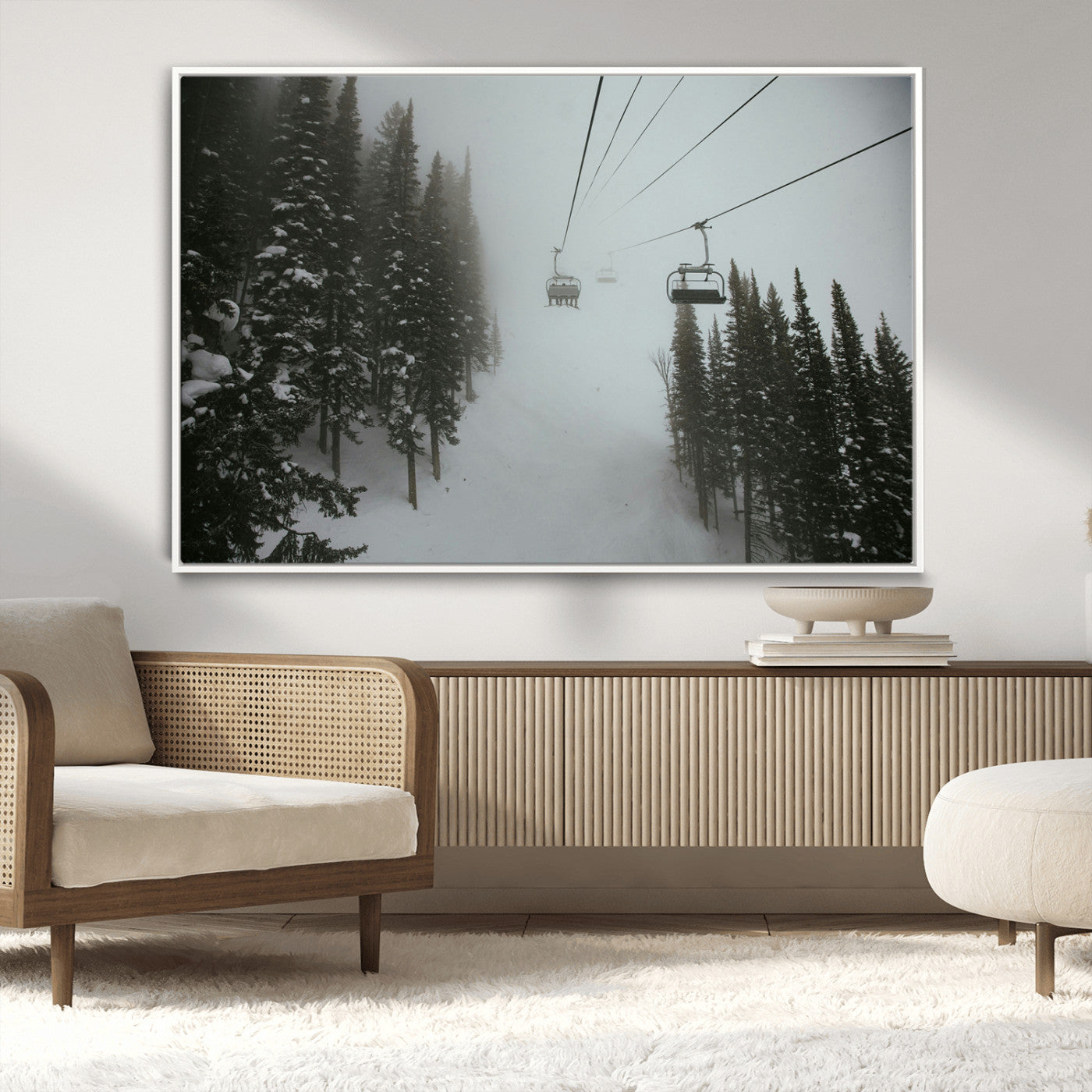 87018452-MGV-FC-36X24_White-Ski Lift Wall Art Canvas Print – Snowy Pines Misty Landscape Winter Serenity Artwork for Home, Office Decor