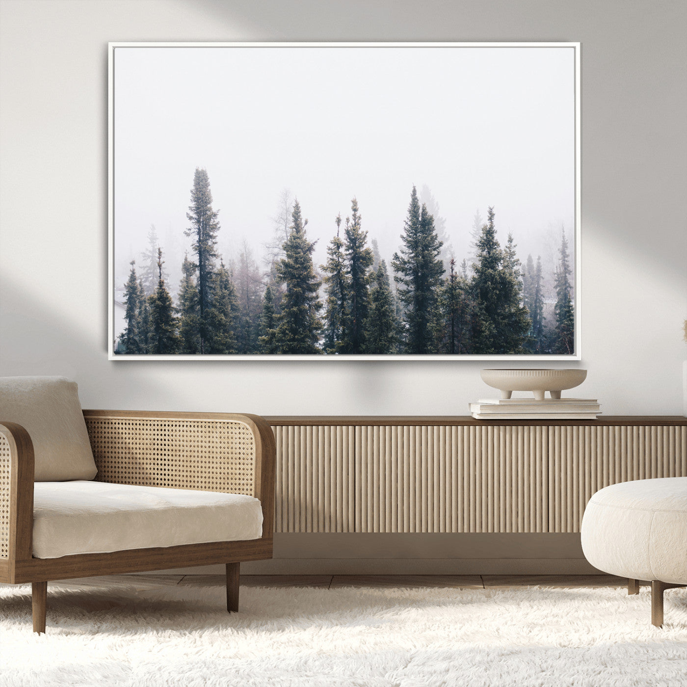 -Foggy Forest Wall Art Canvas Print – Framed Misty Pines Moody Woodland Nature Scene Artwork for Home Office