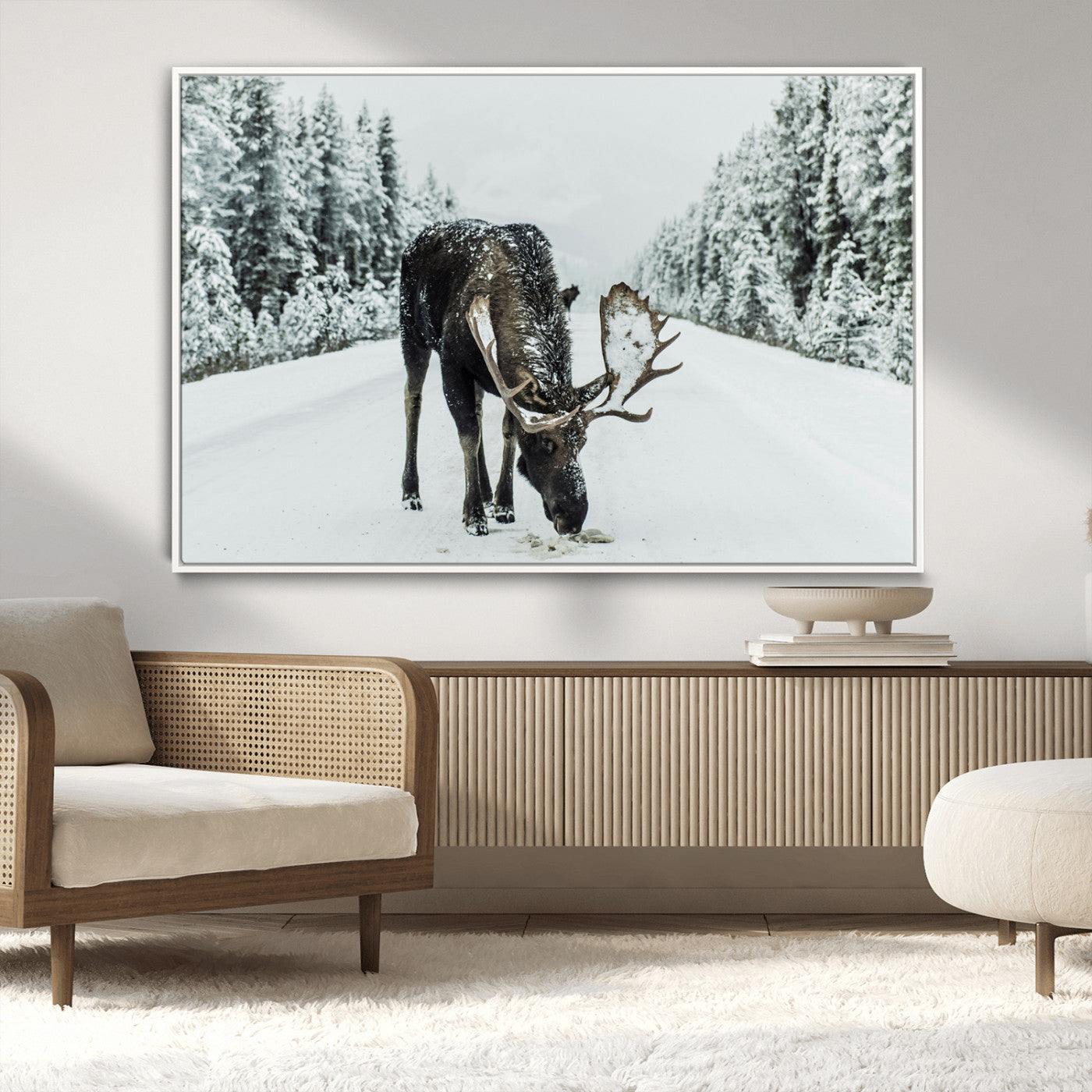 -Moose Snow Wall Art Canvas Print – Framed Winter Wildlife Snowy Forest Nature Scene Artwork for Home, Office, Living Room