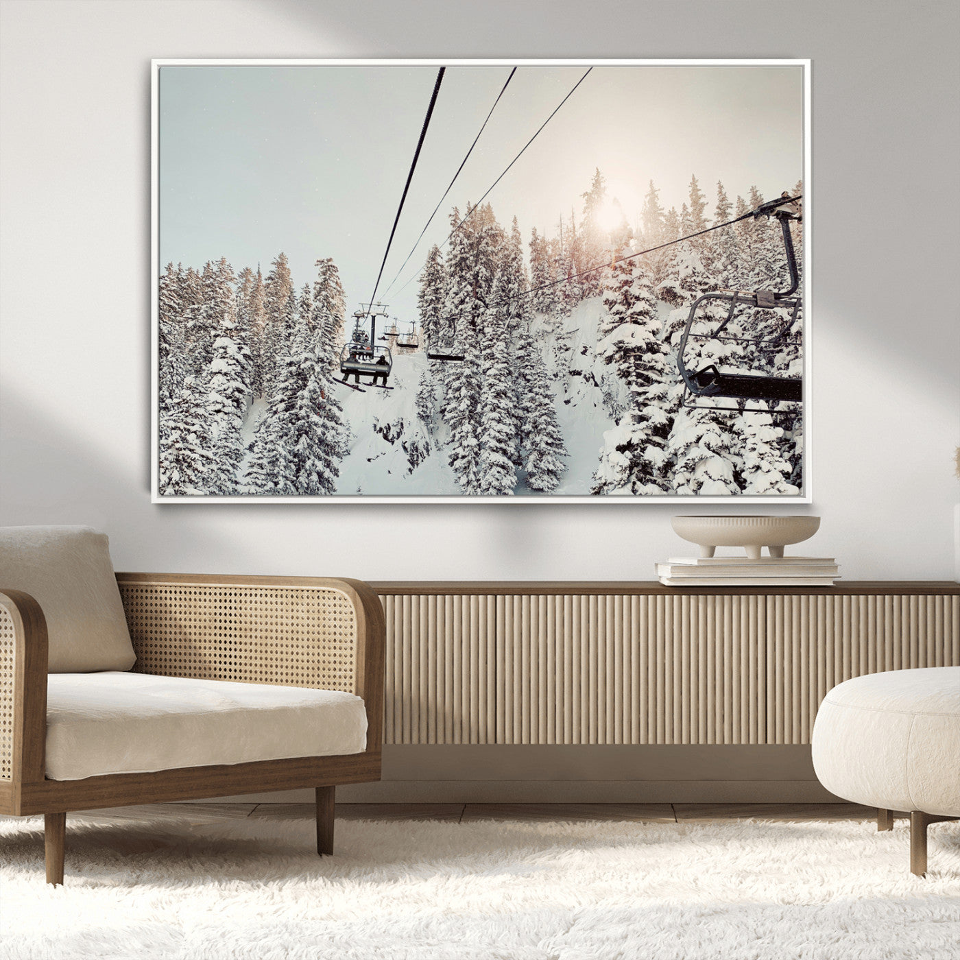 91534512-MGV-FC-36X24_White-Frosty Pines Wall Art Canvas Print – Framed Cozy Cabin Ski Lift Ride Winter Scene Artwork for Home Office
