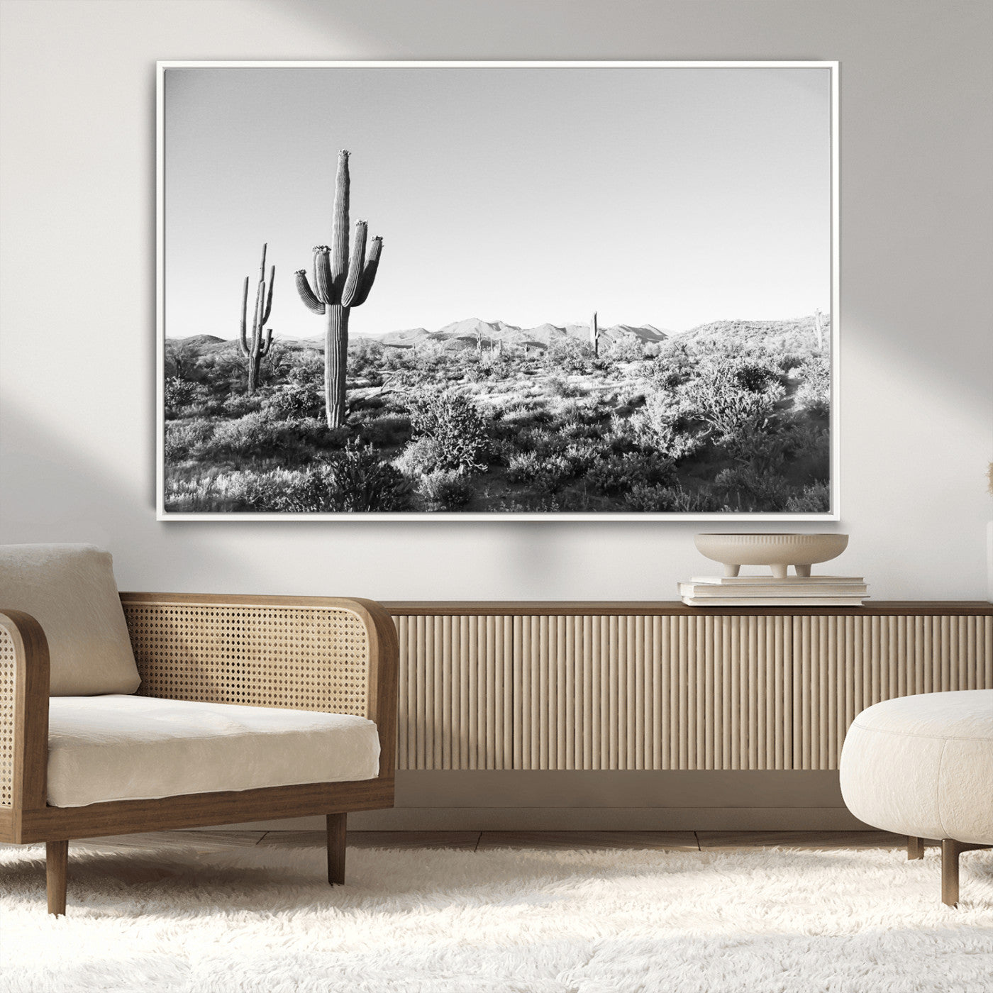 85205054-MGV-CV-36X24-Saguaro Cactus Wall Art Canvas Print – Framed Monochrome Landscape Scenic Arizona Minimalist Western Artwork for Home, Office