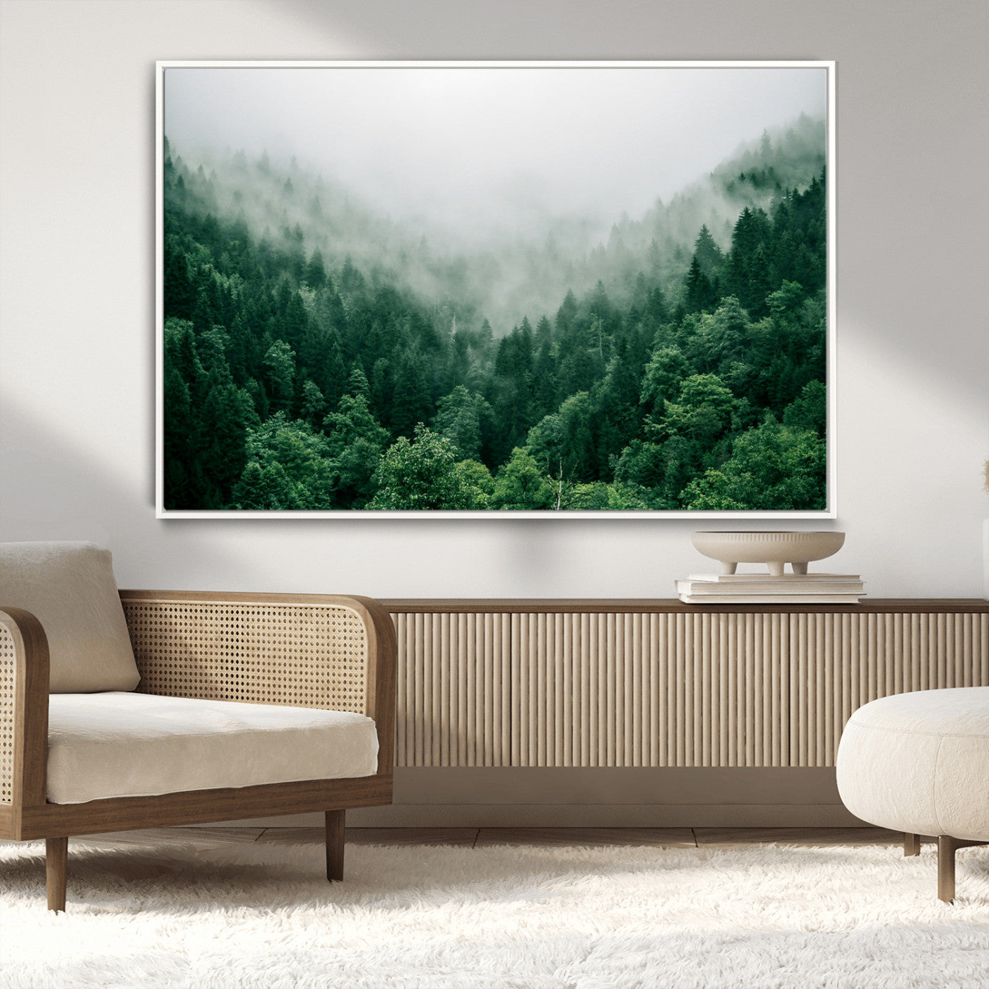 45265379-MGV-CV-36X24-Misty Green Forest Canvas Print – Framed Serene Foggy Pine Landscape Tranquil Nature Wall Art for Home, Office