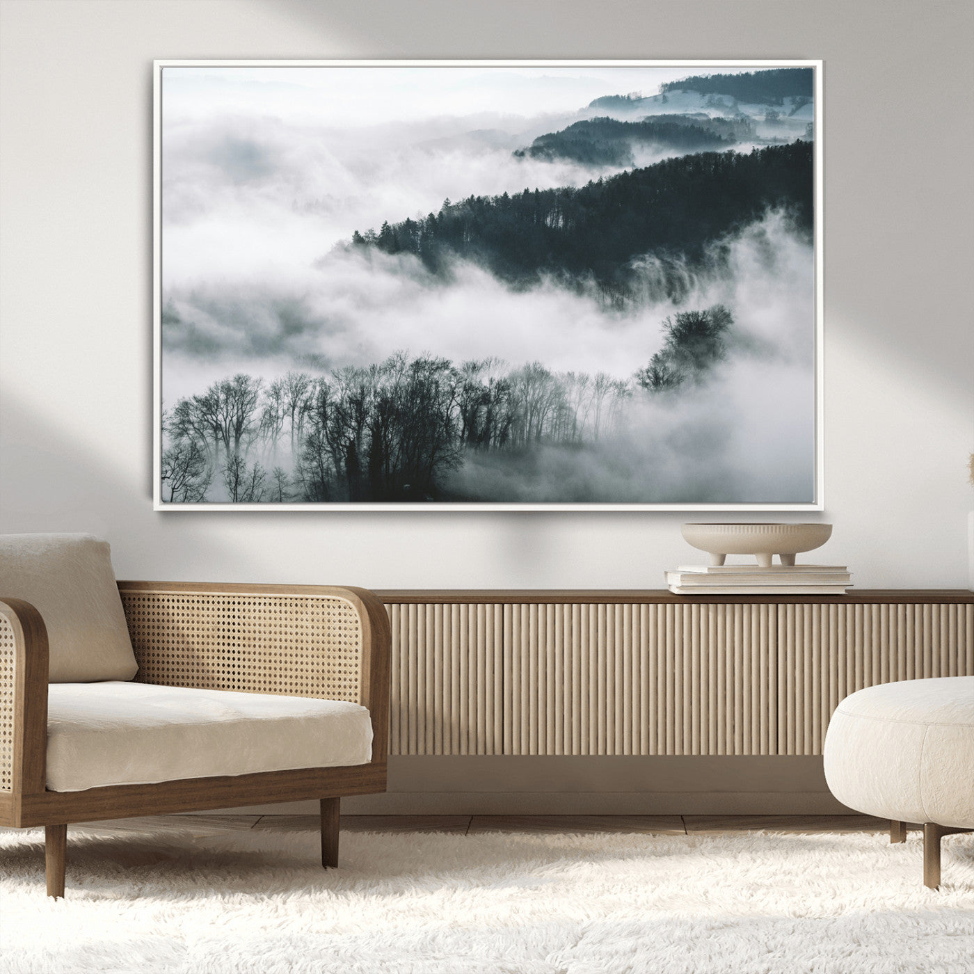 67569654-MGV-CV-36X24-Foggy Forest Landscape Wall Art Canvas Print – Misty Mountain Valley Scene Monochrome Tones Nature Artwork for Home Office