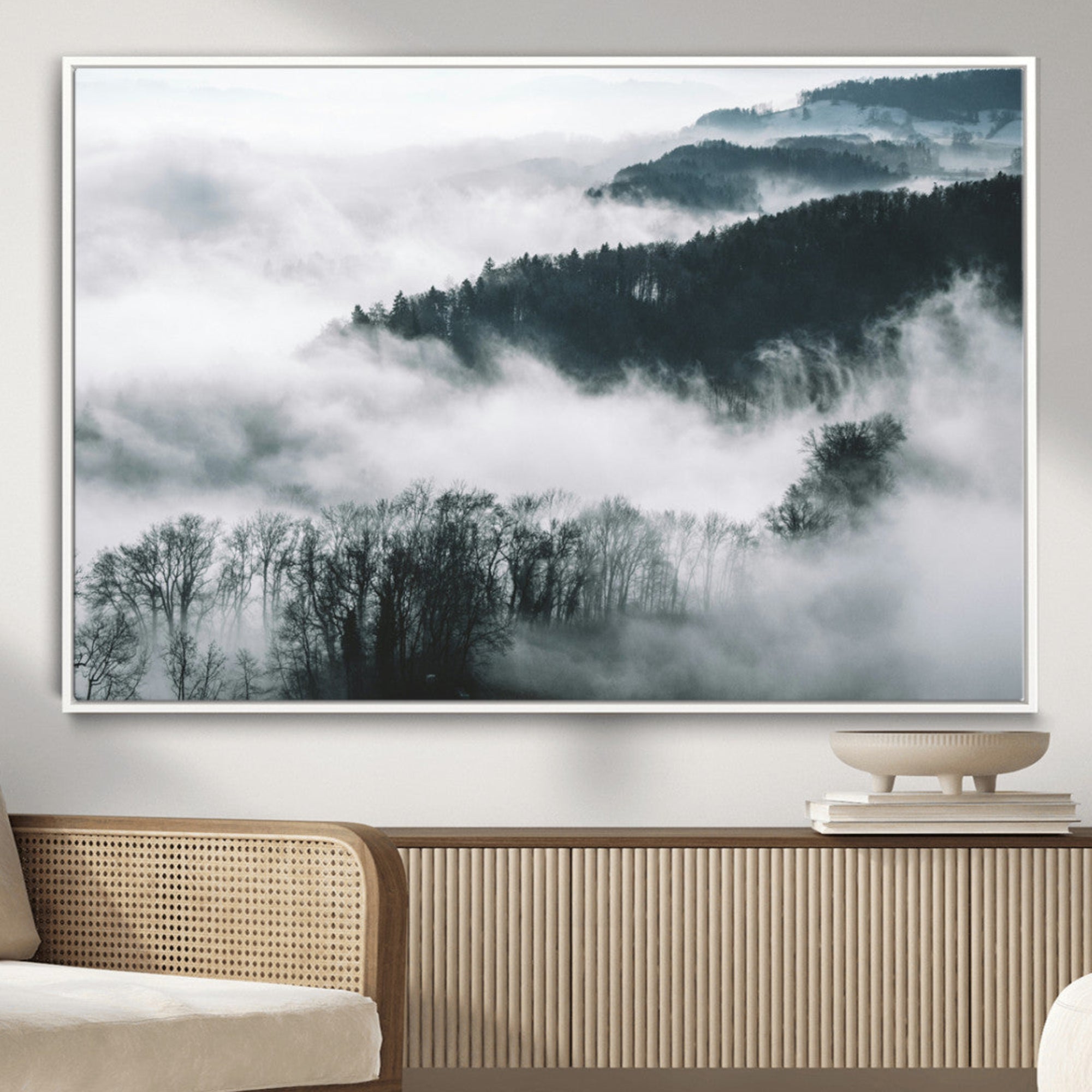 67569654-MGV-CV-36X24-Foggy Forest Landscape Wall Art Canvas Print – Misty Mountain Valley Scene Monochrome Tones Nature Artwork for Home Office