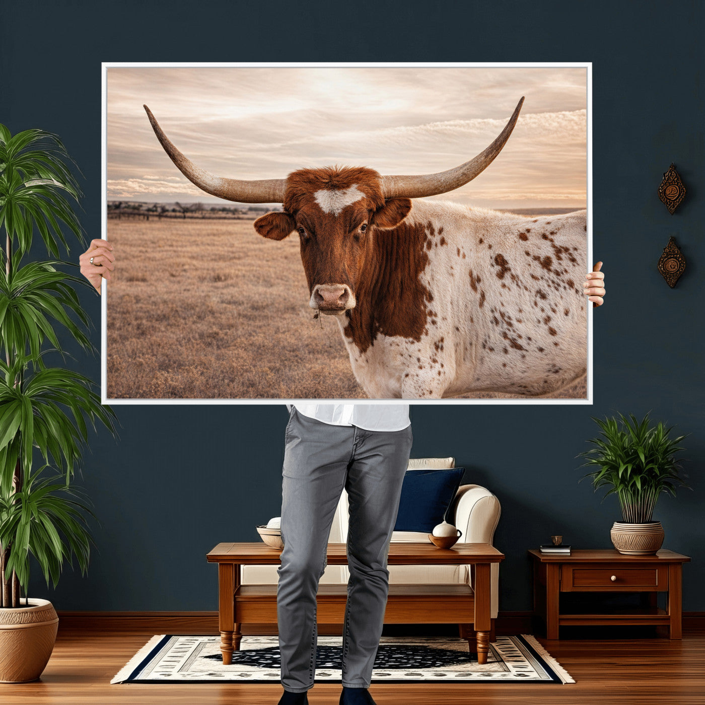 95745718-MGV-CV-36X24 - Longhorn Cow Wall Art – Texas Bull Canvas Print, Rustic Farm Cattle Photography, Western Animal Decor for Country Home, Living Room or Game Room