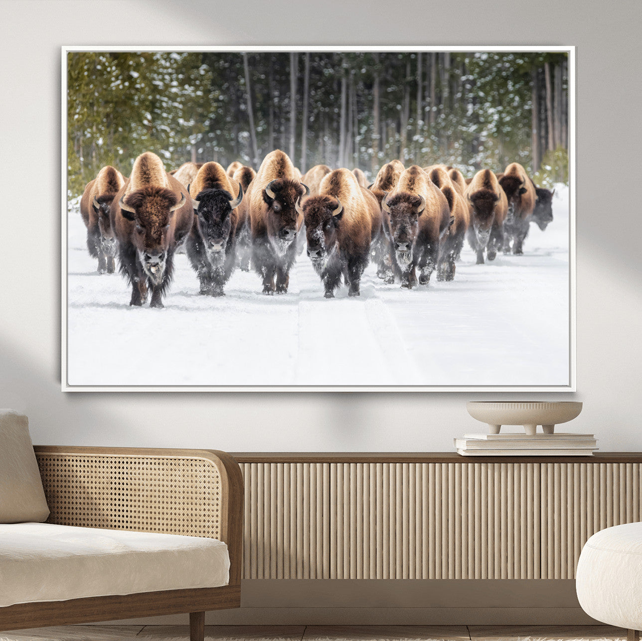 96906195-MGV-FC-36X24 - American Bison Herd Snow Canvas Wall Art – Powerful Winter Wildlife Print of Buffalo Motion, Rustic Lodge or Western Cabin Decor for Living Room, Office