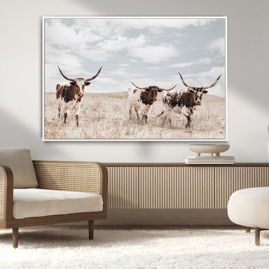 Majestic Longhorn Cows Wall Art Canvas Print, Rustic Western Ranch Scene in Open Field