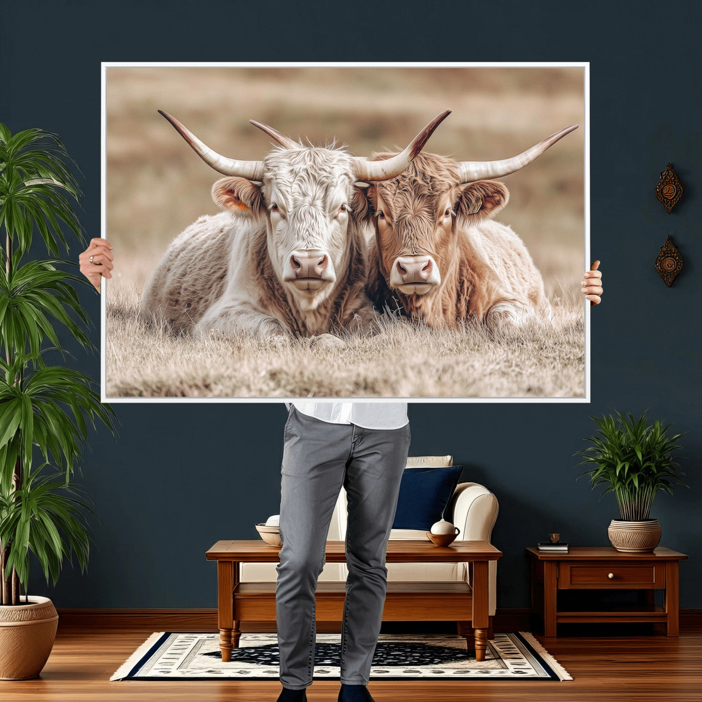 38651722-MGV-CV-36X24 - Highland Cows Meadow Canvas Wall Art – Peaceful Cow Photography Print, Rustic Farmhouse Animal Decor for Country Home, Living Room, Office