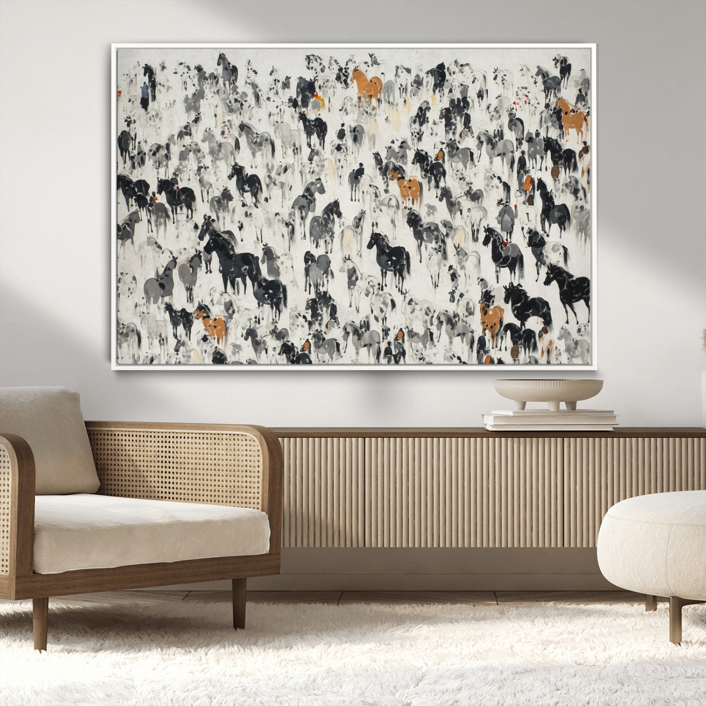 56463722-MGV-CV-36X24-Wild Horse Stampede Wall Art Canvas Print – Monochrome Running Horses Dynamic Motion Elegant Scene Artwork for Home, Office