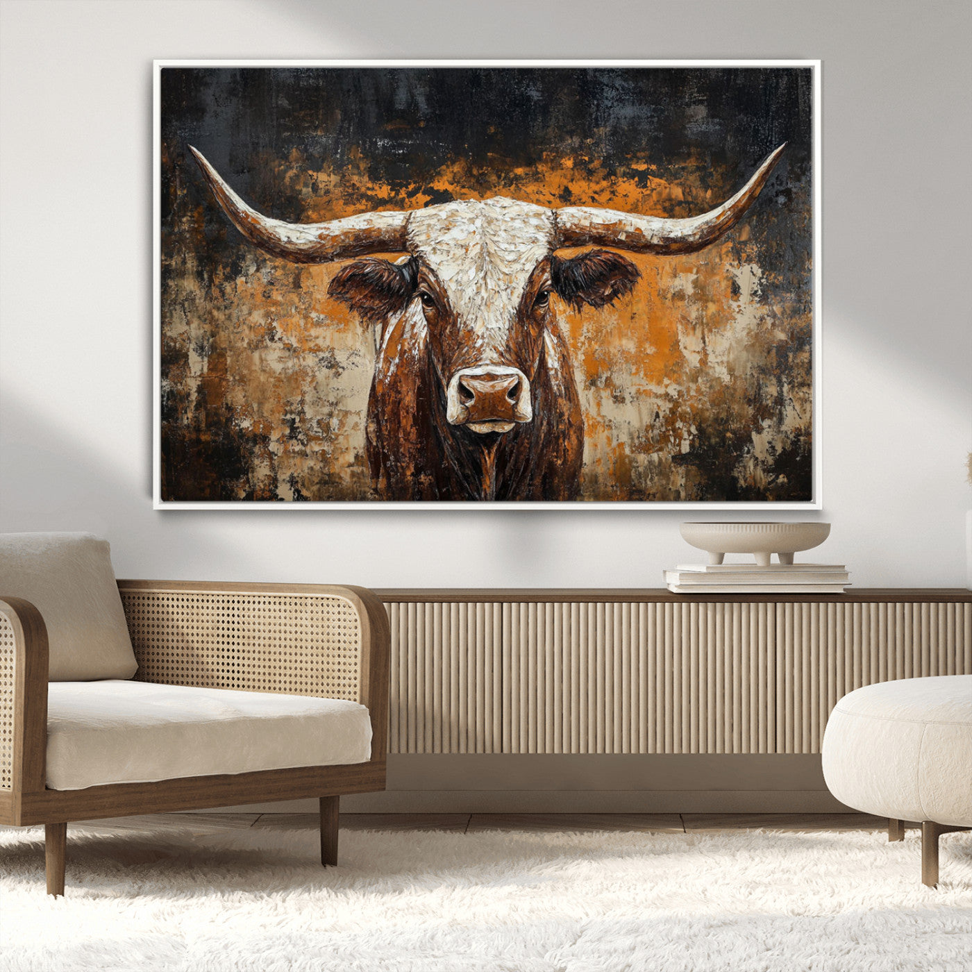 25265572-MGV-CV-36X24-Rustic Longhorn Bull Wall Art Canvas Print – Vintage Western Cattle Scene, Texas Steer Artwork for Home, Office