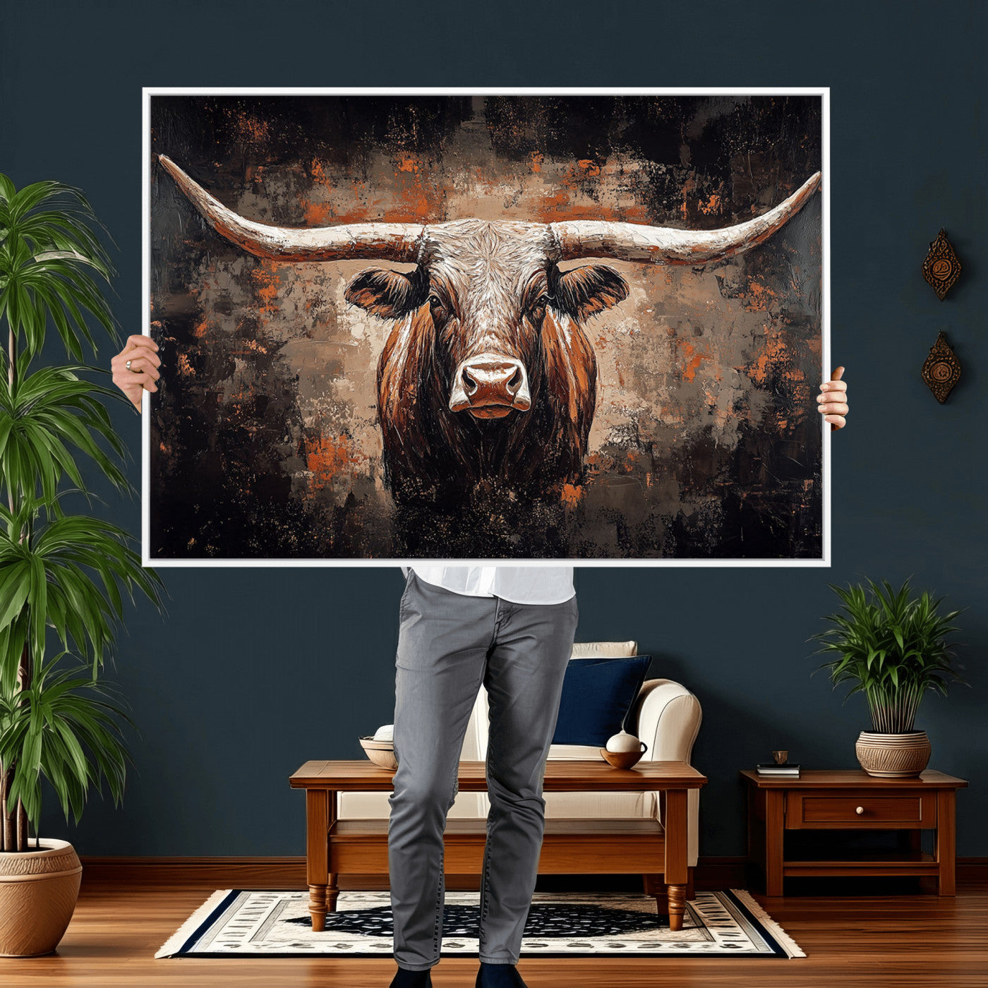 24779067-MGV-CV-36X24 - Rustic Longhorn Bull Wall Art Canvas Print – Vintage Western Cattle Painting, Texas Steer Artwork