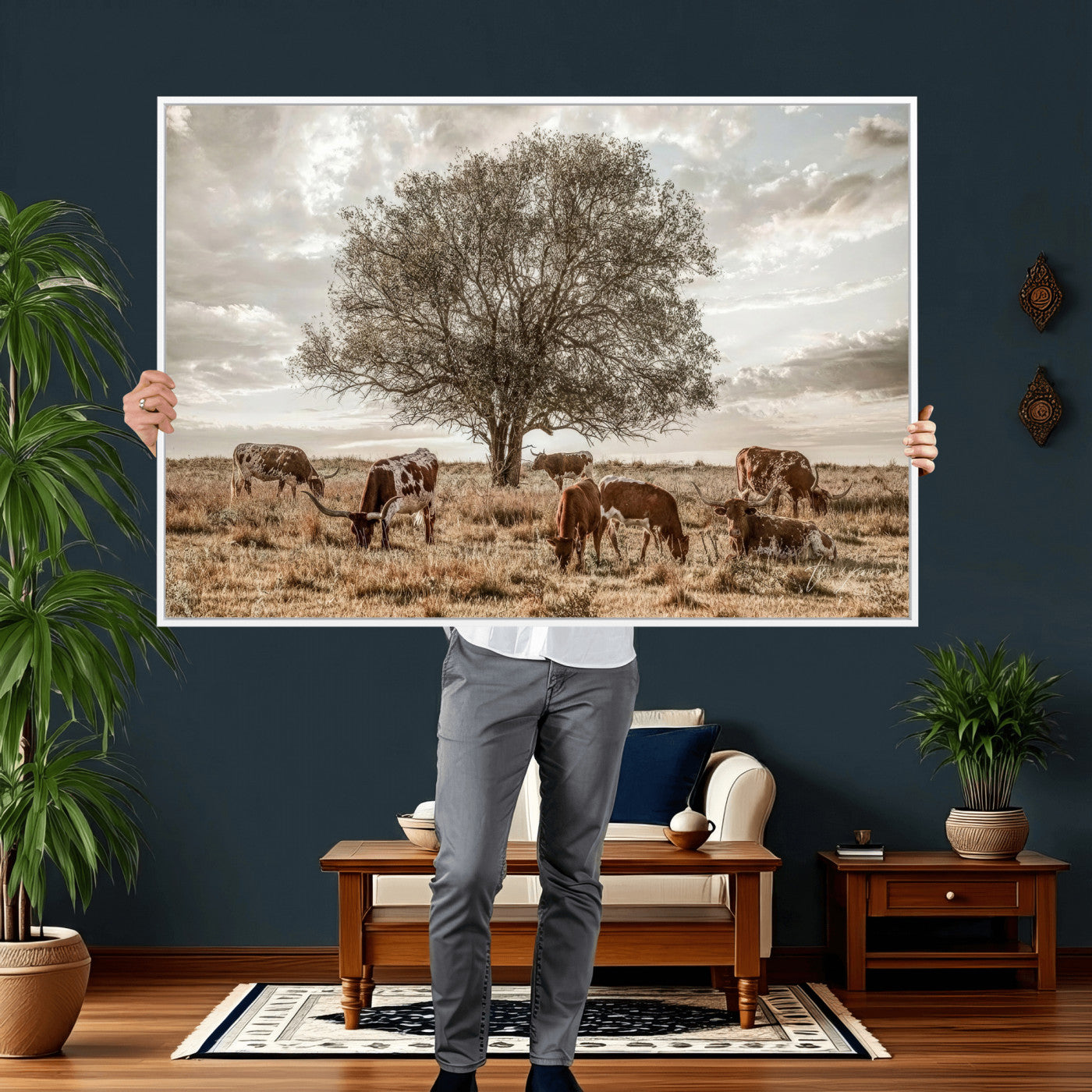87590224-MGV-CV-36X24 - Texas Longhorn Cattle Wall Art Canvas Print – Rustic Western Ranch Scene with Steers at Sunset, Perfect for Farmhouse or Cowboy Decor