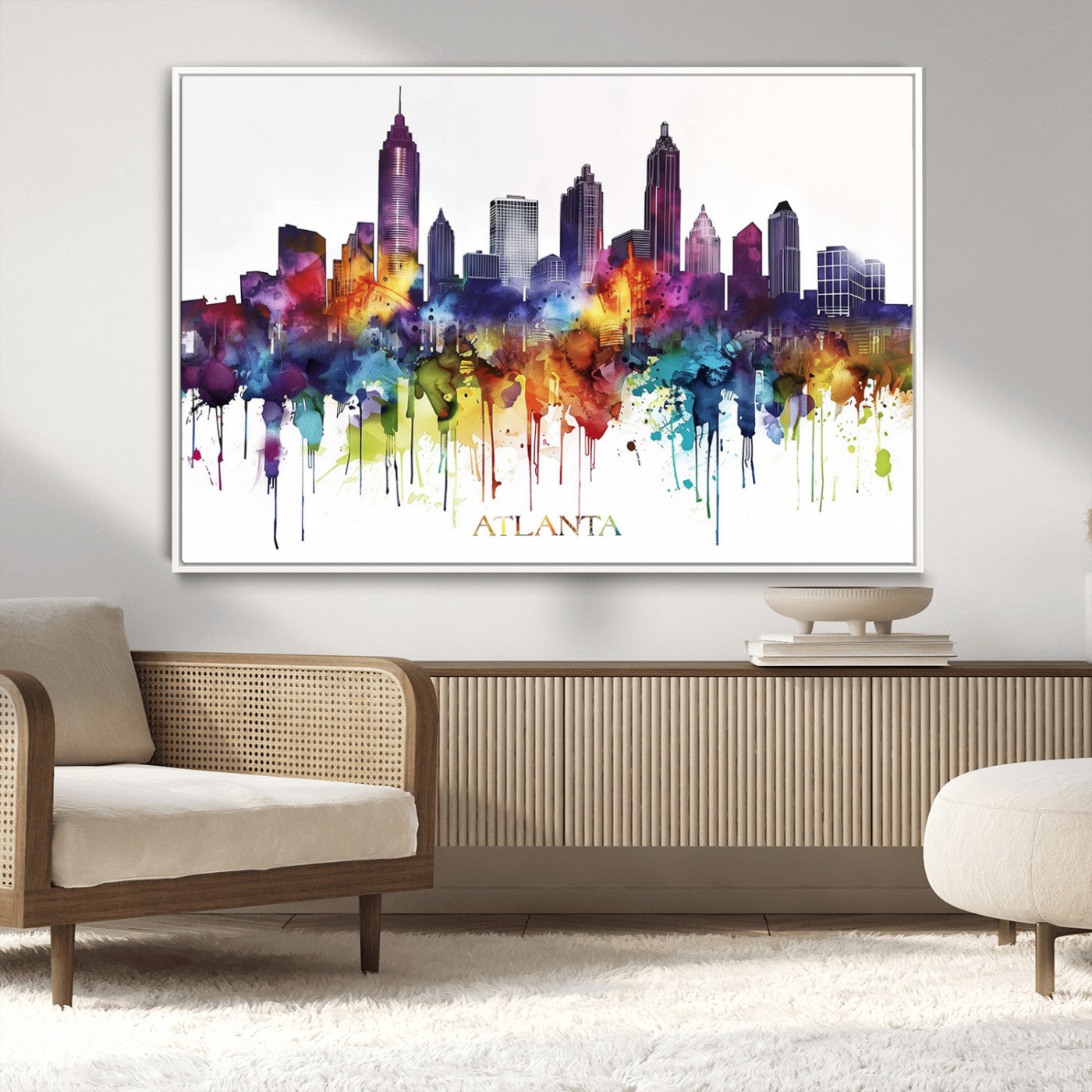 36048320-MGV-CV-36X24-Atlanta Skyline Wall Art Canvas Print – Framed Colorful Watercolor Cityscape Abstract Urban Artwork for Home, Office