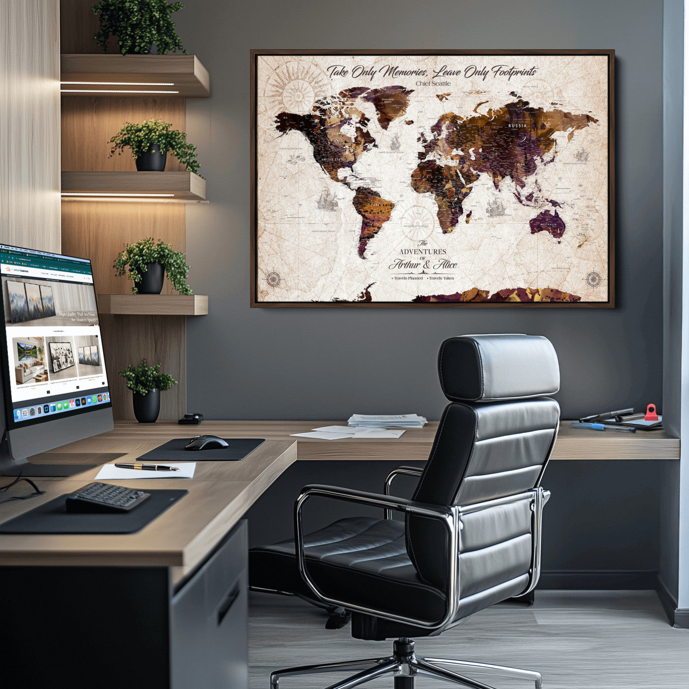 -Personalized World Map Canvas – Custom Framed Push Pin Travel Tracker, Elegant Wall Art Gift for Couples for Home, Office