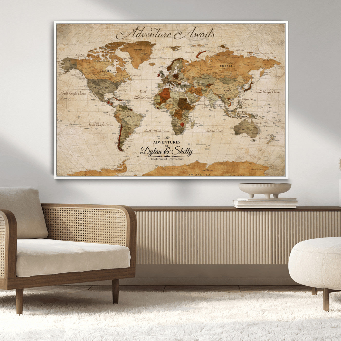 -Personalized Push Pin World Map Canvas Print – Custom Adventure Travel Map, Framed Wall Art Gift for Couples or Family