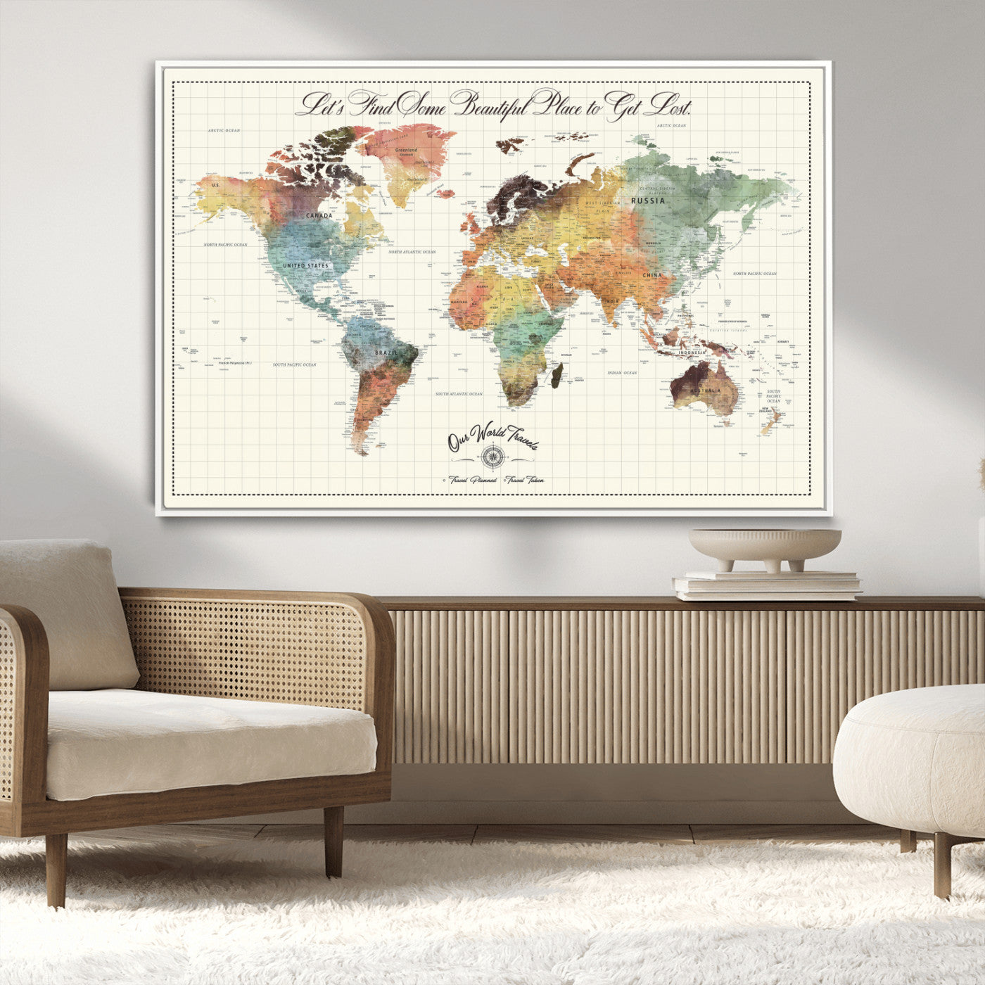 -Personalized Push Pin World Map Canvas Print – Custom Adventure Travel Tracker Map, Framed Wall Art Gift for Couples or Family