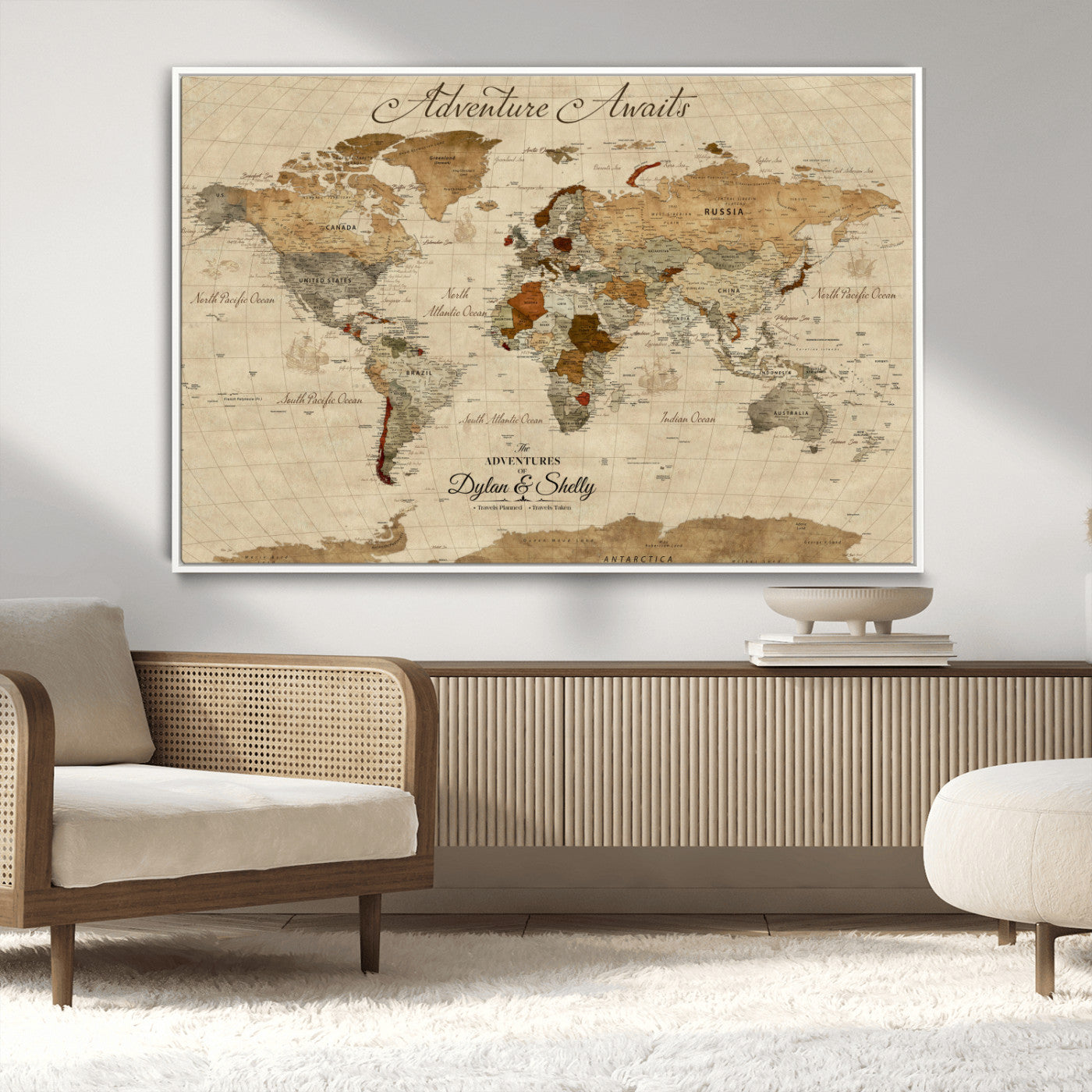 Rehber01-MGV-CV-36X24-Personalized World Map Canvas – Custom Framed Push Pin Travel Map Wall Art with Names, Vintage Style Gift for Couples