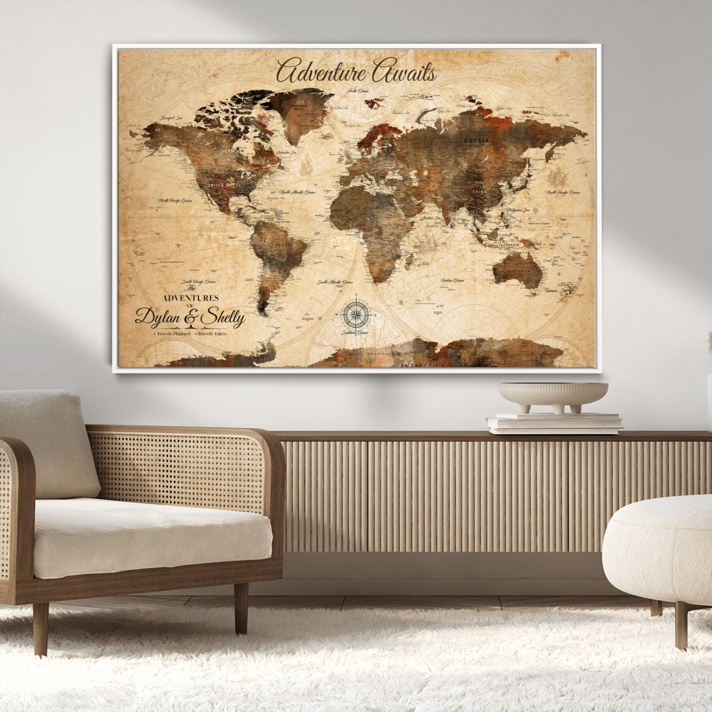 Rehber01-MGV-CV-36X24-Personalized World Map Canvas Wall Art – Custom Framed Push Pin Travel Tracker Print, Unique Gift for Home or Office Decor