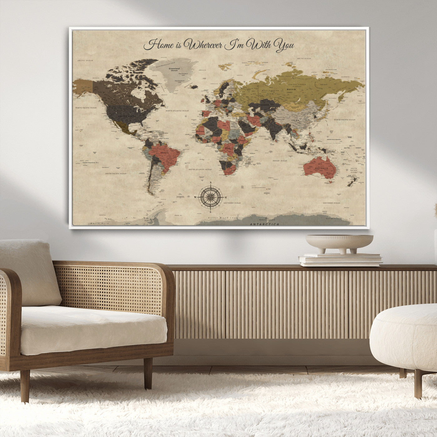 -Personalized World Map Wall Art Canvas Print – Customizable Push Pin Framed Travel Map Artwork for Home Office