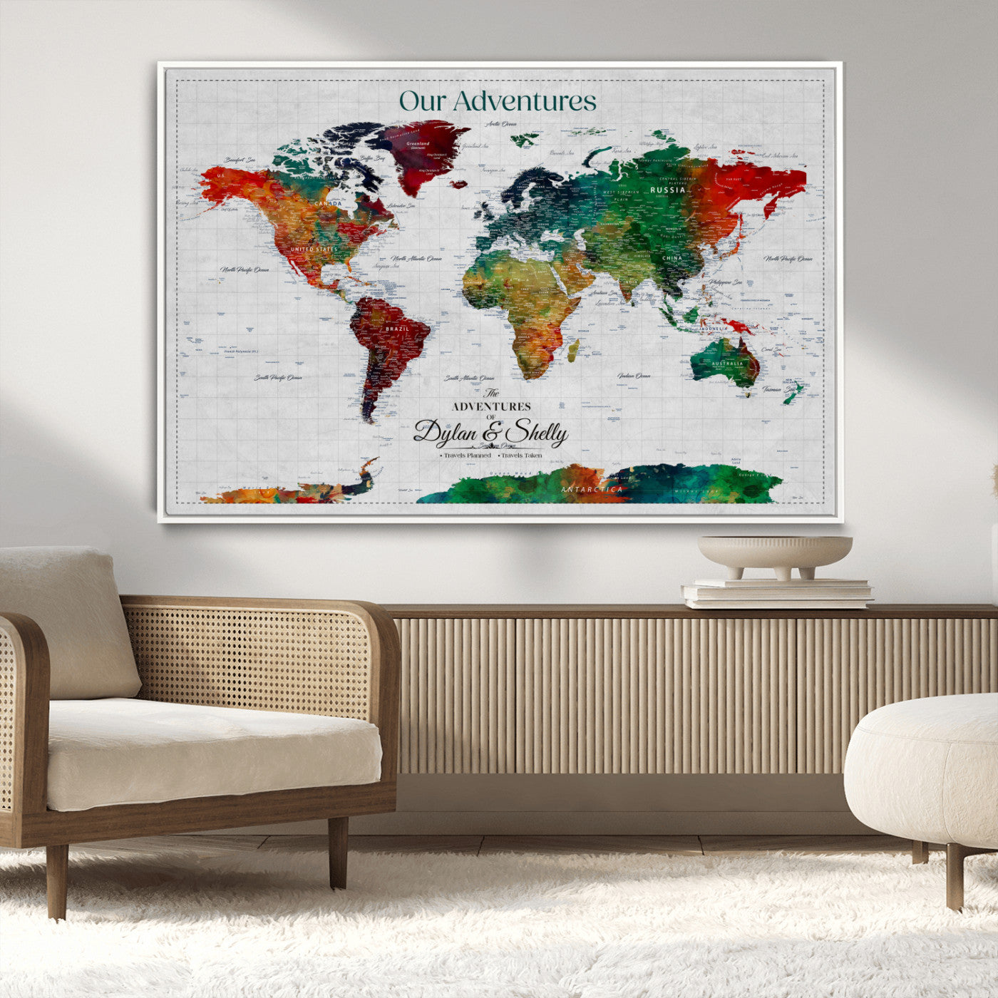 Rehber01-MGV-CV-36X24-Personalized World Map Canvas Wall Art – Custom Framed Push Pin Travel Tracker Print, Unique Gift for Home or Office Decor