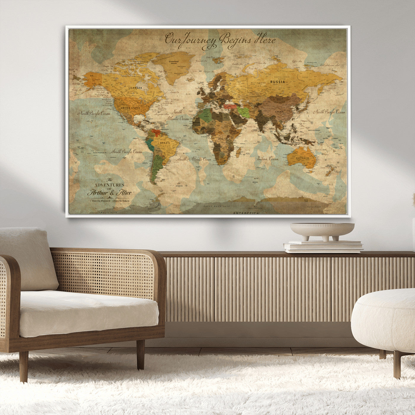Rehber01-MGV-CV-36X24-Personalized World Map Canvas Wall Art – Custom Framed Push Pin Travel Tracker Print, Unique Gift for Home or Office Decor