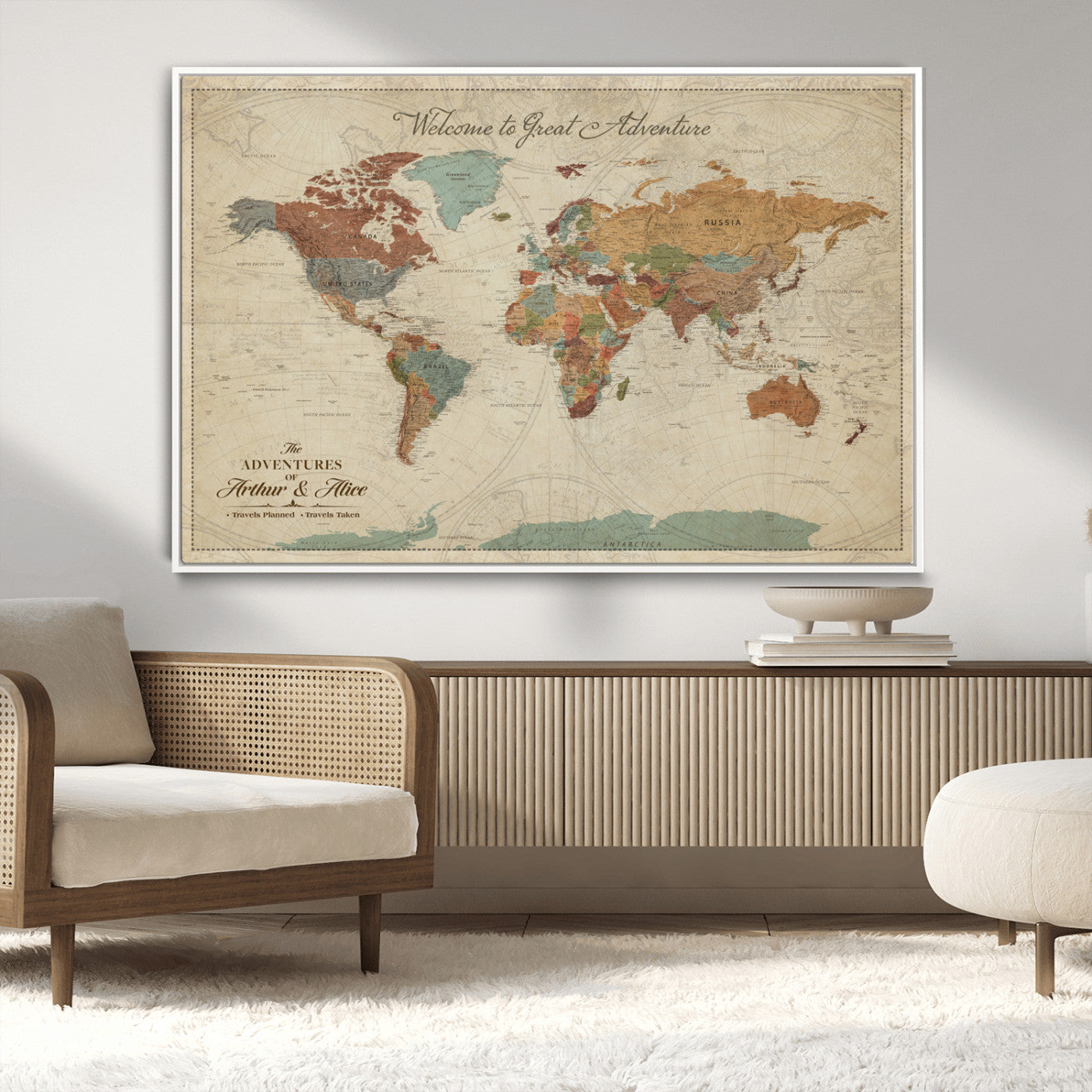 -Personalized World Map Canvas Wall Art – Custom Framed Push Pin Travel Tracker Print, Unique Gift for Home or Office Decor