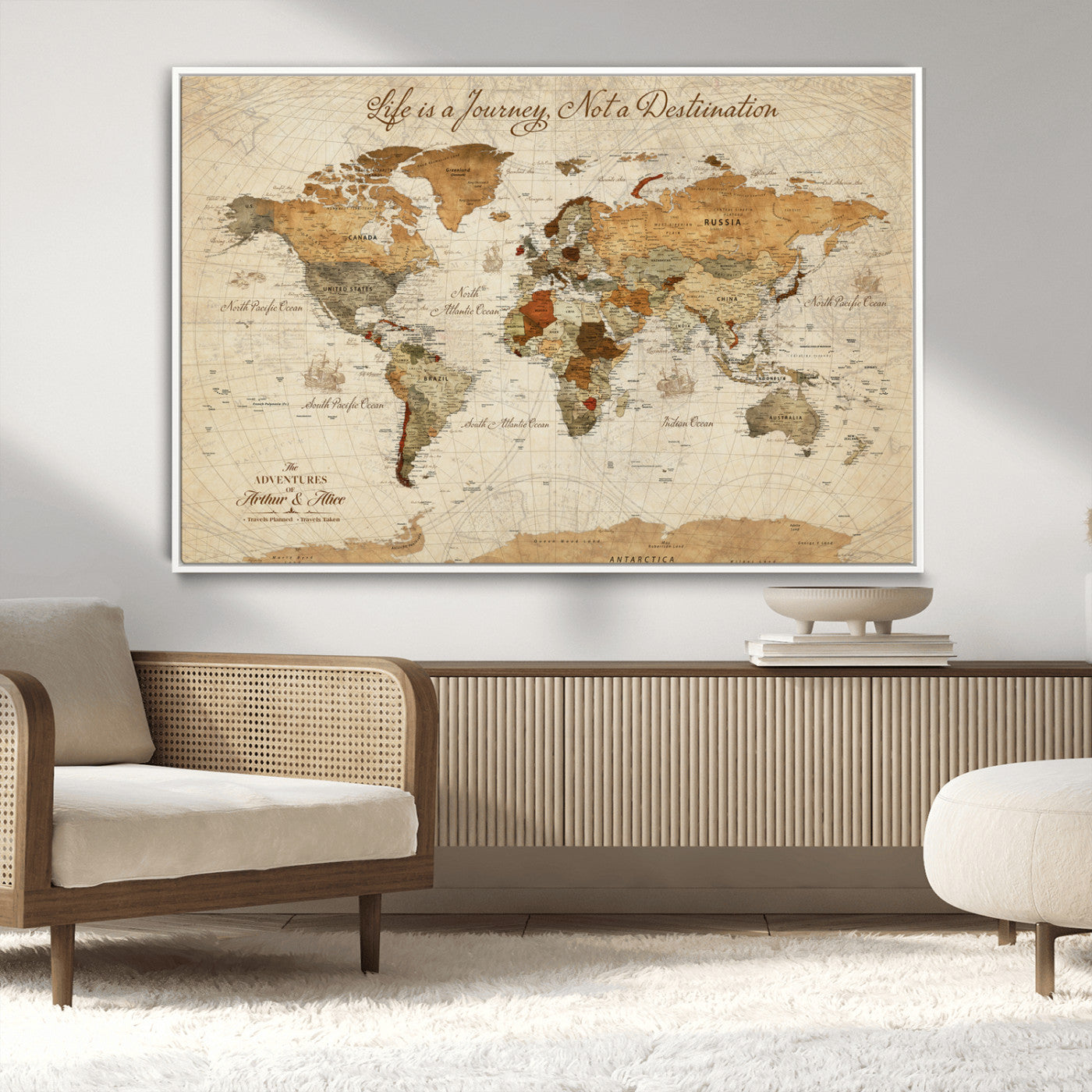 Rehber01-MGV-CV-36X24-Personalized Framed World Map Wall Art Canvas Print – Custom Push Pin Travel Tracker Handcrafted USA for Home Office