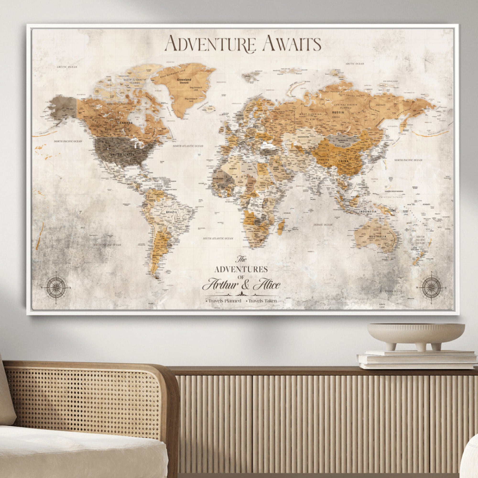 Rehber01-MGV-CV-36X24-Personalized World Map Canvas Print – Custom Push Pin Travel Map Vintage Neutral Style Gift for Couples Travelers for Home Office