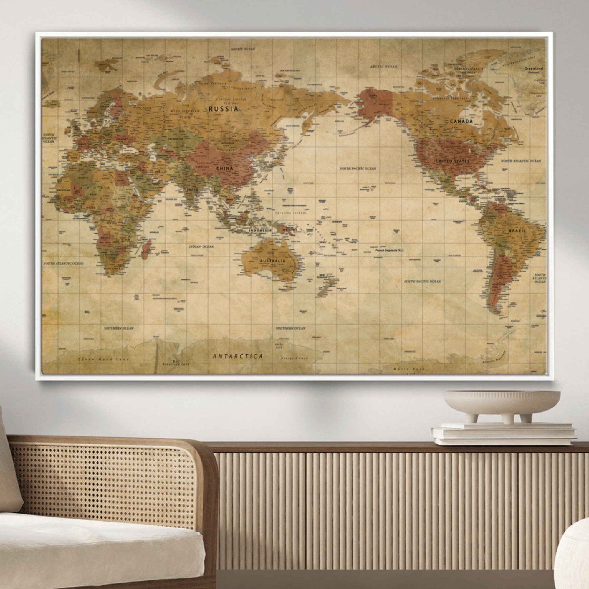 Rehber01-MGV-CV-36X24-Vintage Push Pin World Map Canvas Print – Framed Rustic Travel Tracker Wall Art for Home, Office, or Explorer Decor