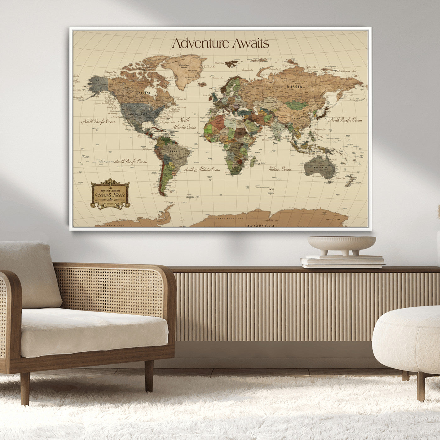 Rehber01-MGV-CV-36X24-Custom Push Pin World Map Wall Art Canvas Print – Personalized Travel Tracker Adventure Destination Gift for Home Office