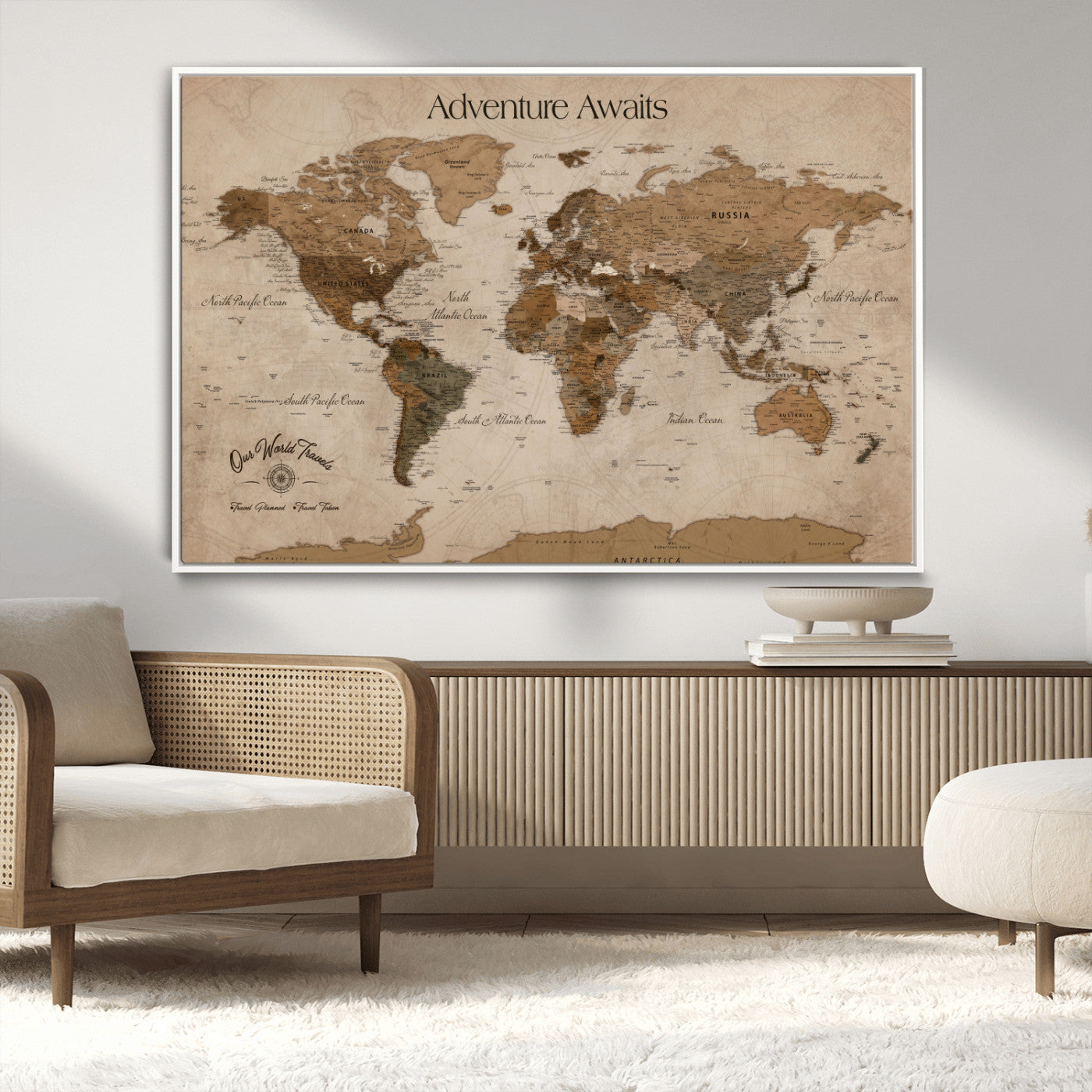 Rehber01-MGV-CV-36X24-Personalized Framed World Map Wall Art Canvas – Custom Push Pin Travel Map with 100 Pins Foam Backing for Home Office