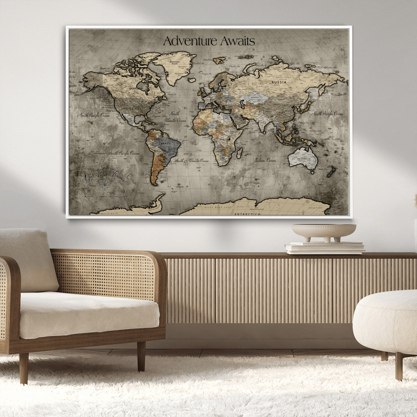 -Tree Rings Wall Art Canvas Print, Framed Wood Texture Art Picture Print, Blue Grain Perfect Rustic