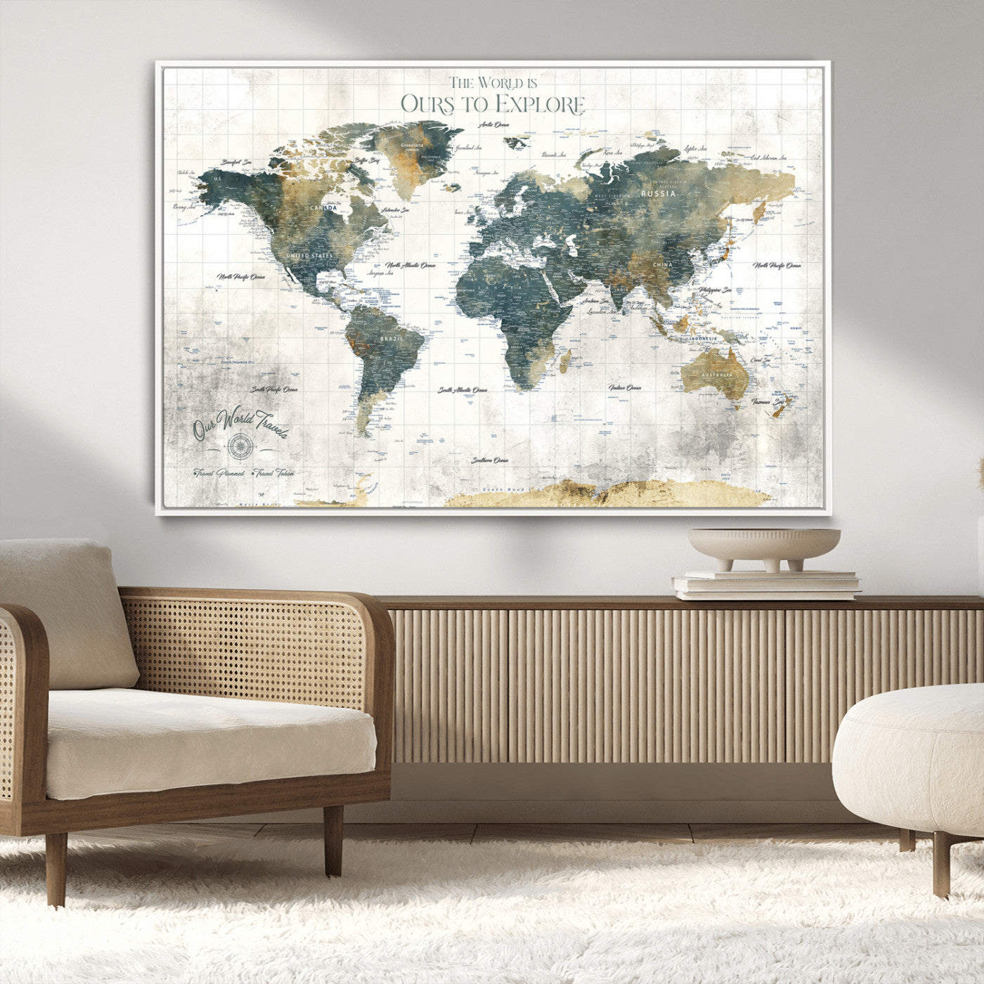 -Custom Push Pin World Map Wall Art Canvas Print – Adventure Travel Tracker Map with Pins Artwork for Home Office
