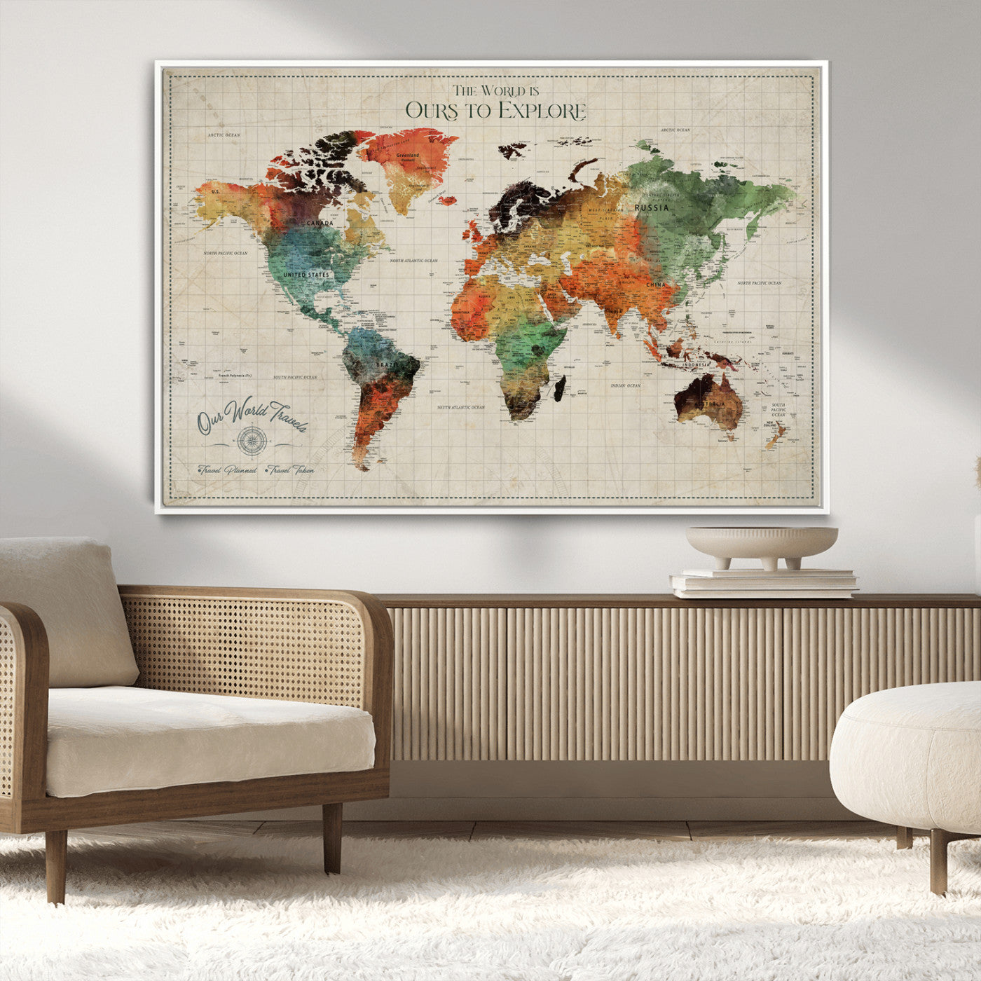 Rehber01-MGV-CV-36X24-Custom Push Pin World Map Wall Art Canvas Print – Personalized Travel Tracker Map Framed Artwork for Home Office