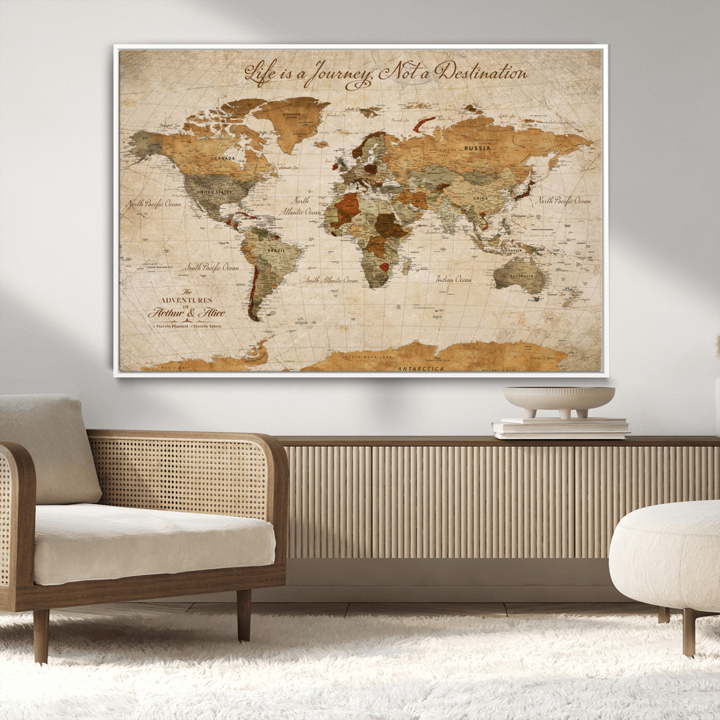79036691-MGV-CV-36X24-Personalized World Map Canvas Wall Art – Custom Framed Push Pin Travel Tracker Print, Unique Gift for Home or Office Decor
